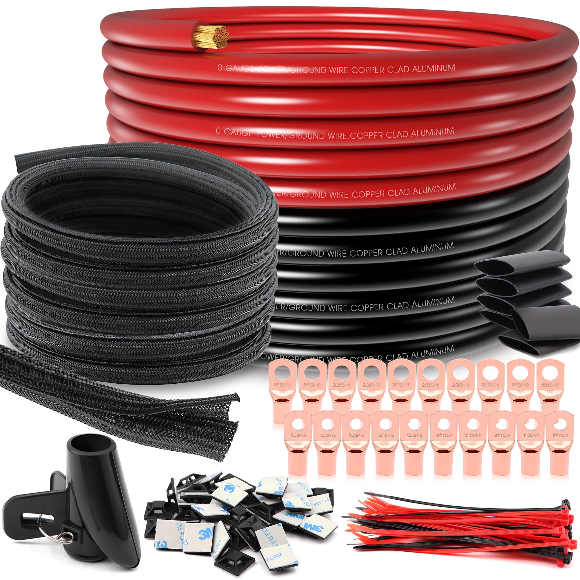 40FT 0 Gauge Wire,1/0 Battery Cable Copper Clad Aluminum for Inverter,Winch,Reducer,Starter,Solar Power,DC Wiring,W/ 40 Feet PET Cable Sleeve,20pcs
