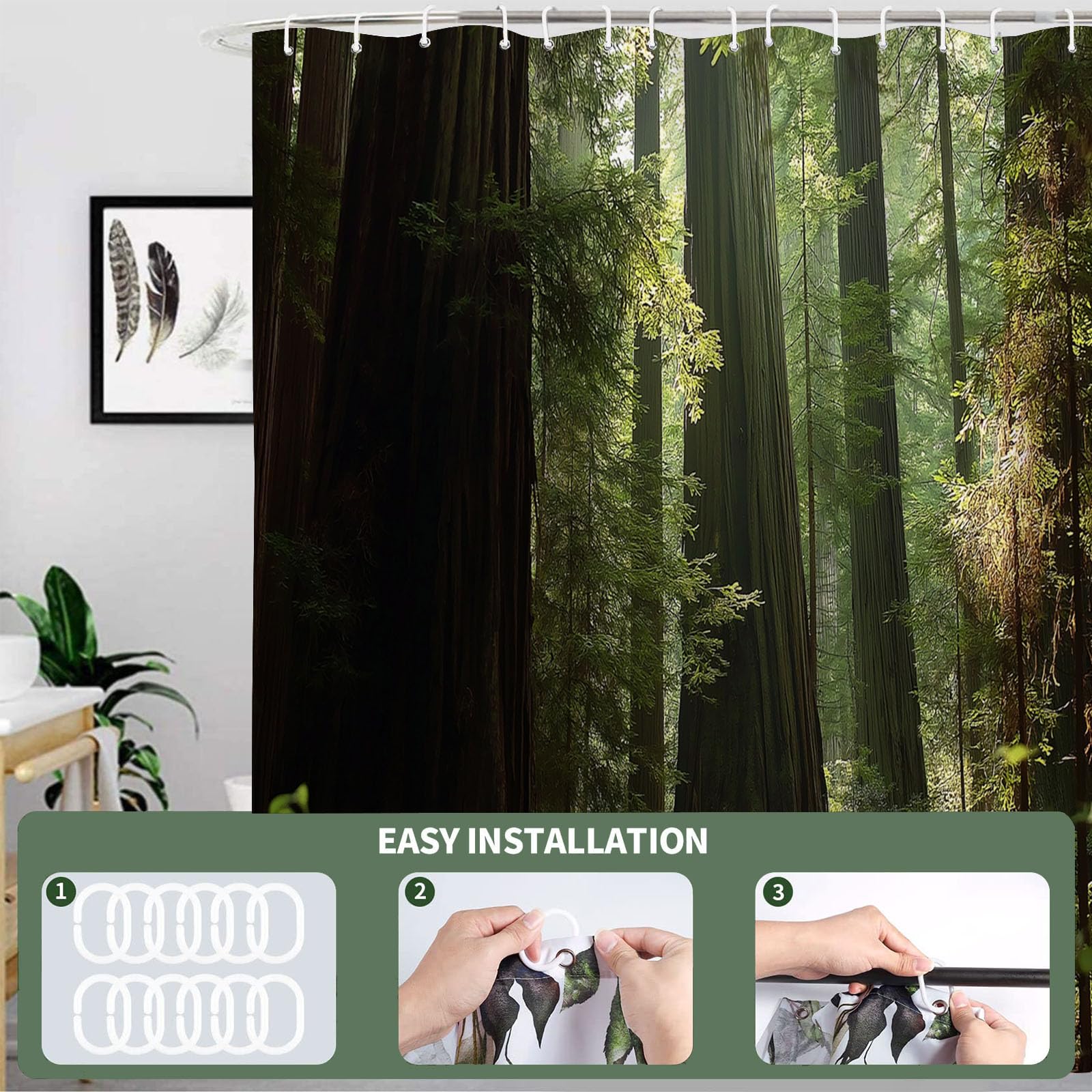 Cortina de Ducha Bosque240x200cm,Tronco Hojas Lavables Cortina de Baño，Poliéster Textil Impermeable Cortina Ducha para Bañera con 12 Ganchos