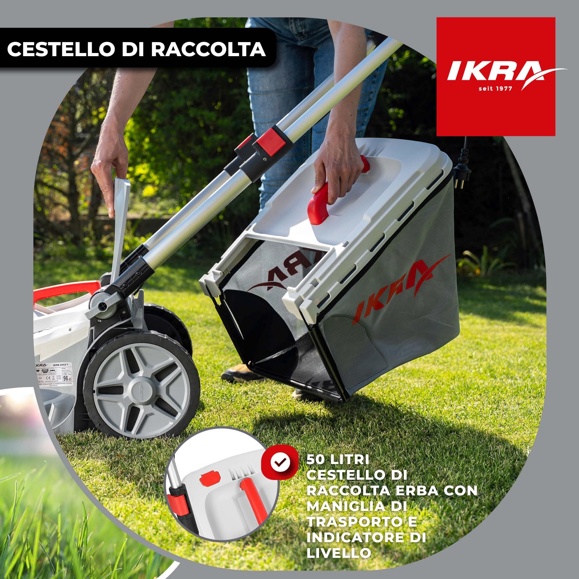 IKRA tosaerba elettrico IERM 2043 T, 2000W, altezza di taglio 30-75mm, larghezza di taglio 43cm, inclusa lama di ricambio & kit mulching