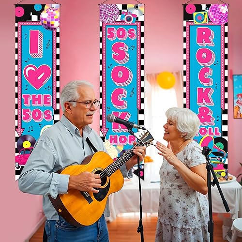 Miniatura 3 de 3 piezas de decoraciones de fiesta de los años 50, pancarta con texto en inglés "I Love the 50s, Sock Hop", letreros de porche Rock & Roll para