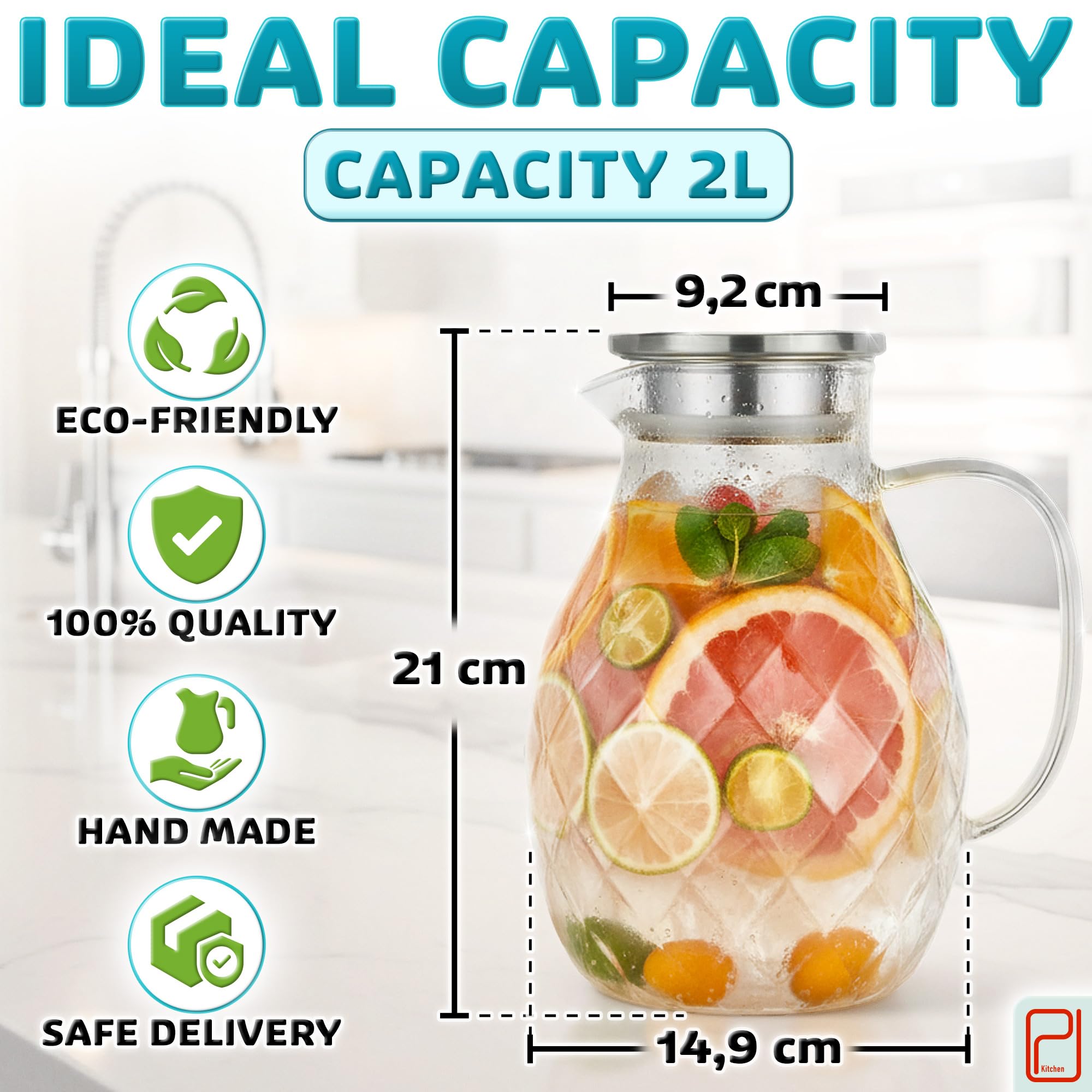 Premium Jarra de Vidrio Borosilicato + Tapa + Boquilla - 2 Litros, Pack de 2 - Jarra de Agua de Borosilicato con Asa - Jarra para Bebidas Calientes/Frías - Jarra para Té Helado