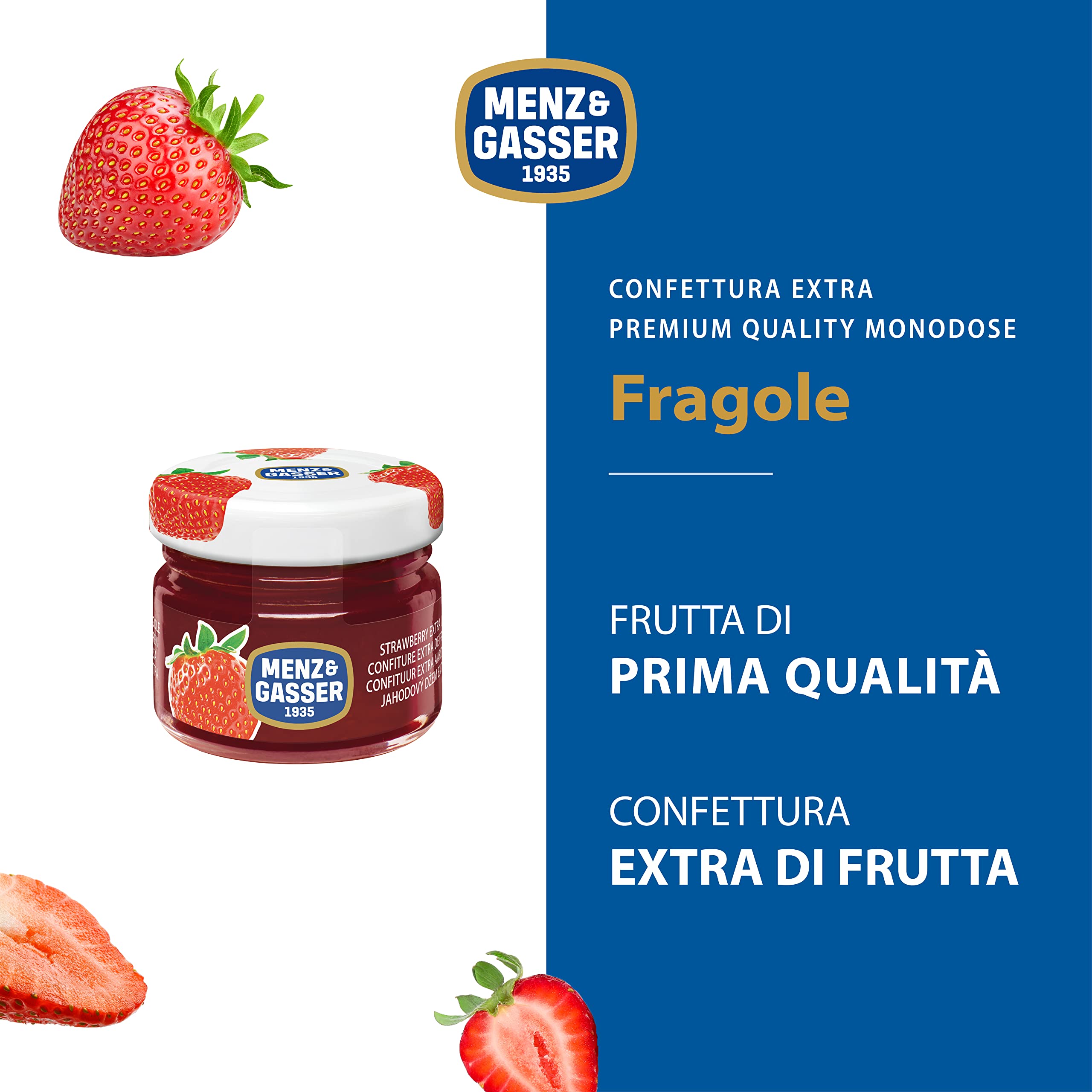 Menz&Gasser Confettura Extra di Fragole Monodose Premium Quality, con Frutta di Alta Qualità, 48 Vasetti x 28 g