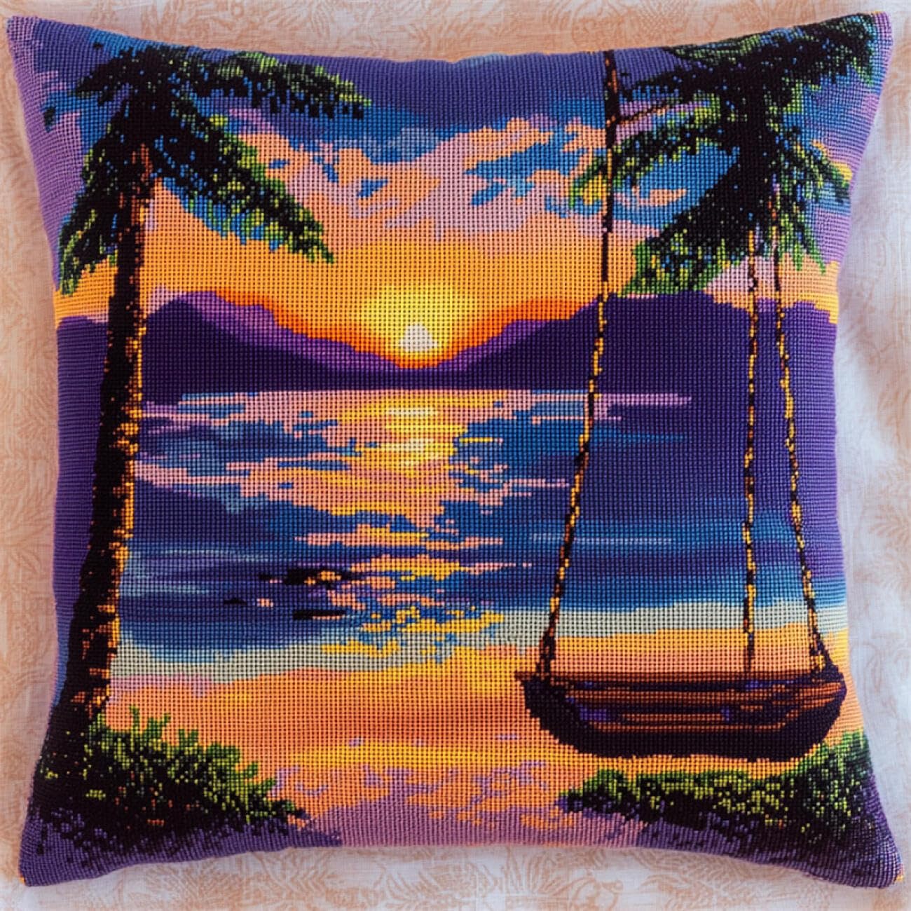 Henypt 9CT Cross Stitch Pillow Kit Fantasy Landscape DIY Cushion Embroidery Kit Needlepoint Handmade Needlework Cushions Kits Stitched Pillow Cover Set for Adults Beginners 45x45cm