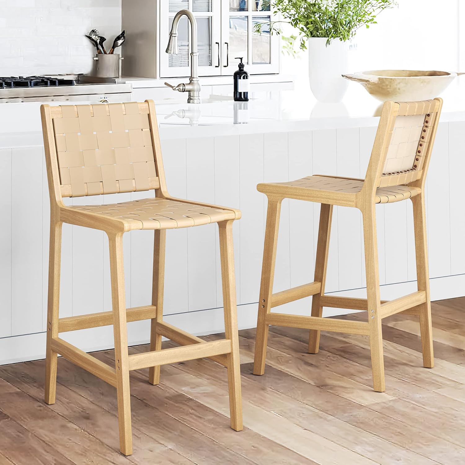 LUE BONA Counter Height Bar Stools 26inch, Set of 2 Faux Leather Woven Counter Stool