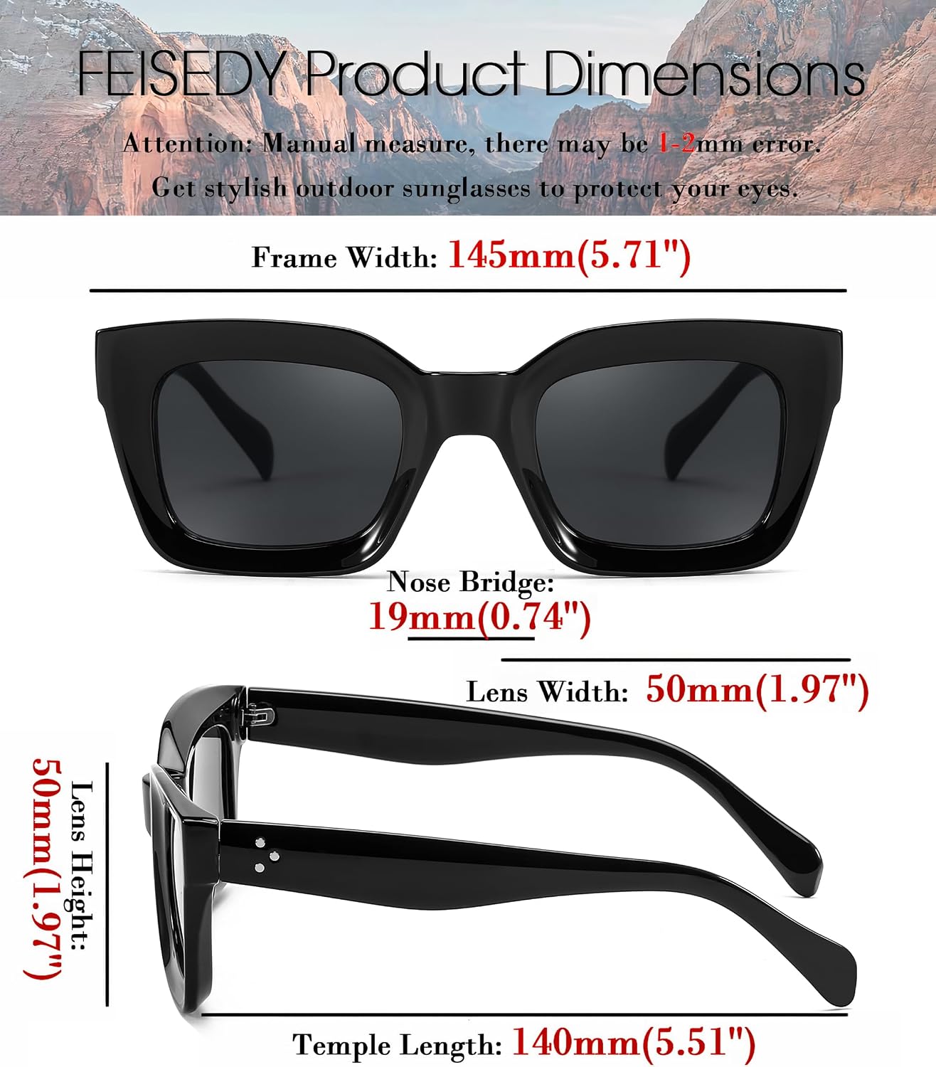 FEISEDY Classic Women Sunglasses Fashion Thick Square Sun Glasses Chunky Frame UV400 B2471