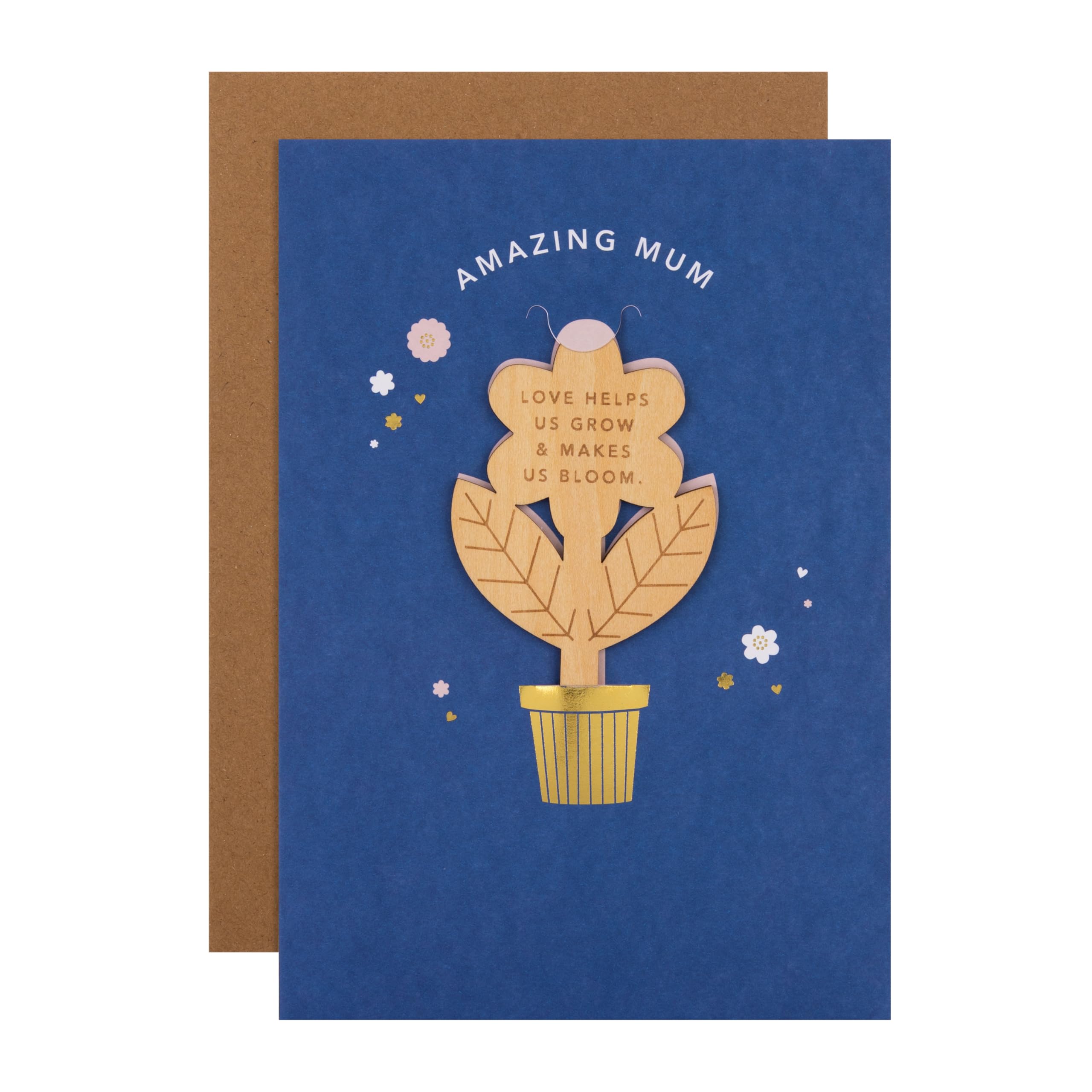 Hallmark Mothers Day Card for Mum, with Wooden Plant Keepsake, Flowers, Florals, Blue, White