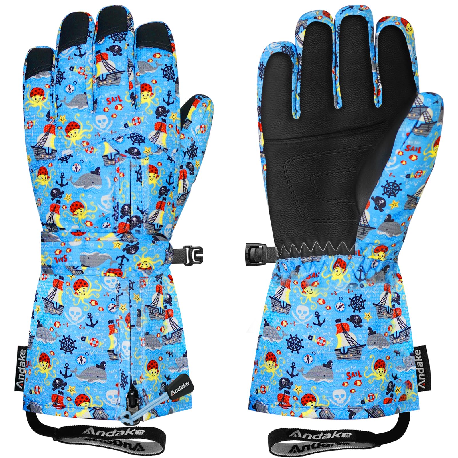Andake Winter Ski Snow Gloves for Kids 2-14 - Waterproof Thermal Mittens for Boys Girls with Anti-Loss Wrist Strap, Windproof Cold Protection &amp; Cute Printing Design Toddler Snow Gloves