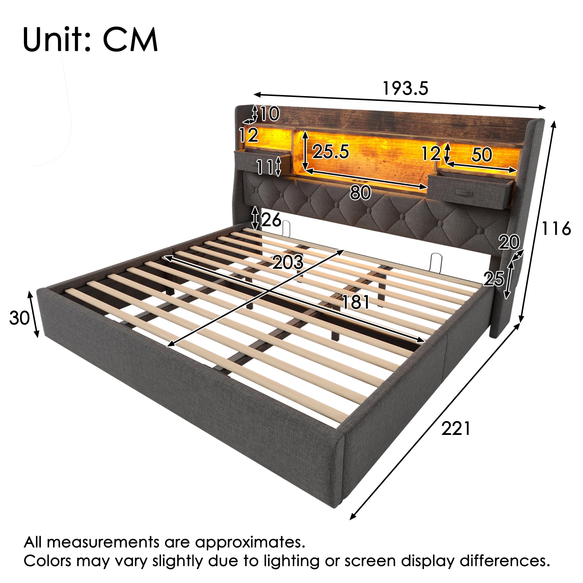 HESHU Polsterbett Bettgestell 180x200, Boxspringbett mit LED und Ladestation, Bettrahmen mit Stauraum Kopfteil, Jugendbett Stauraumbett Funktionsbett Doppelbett