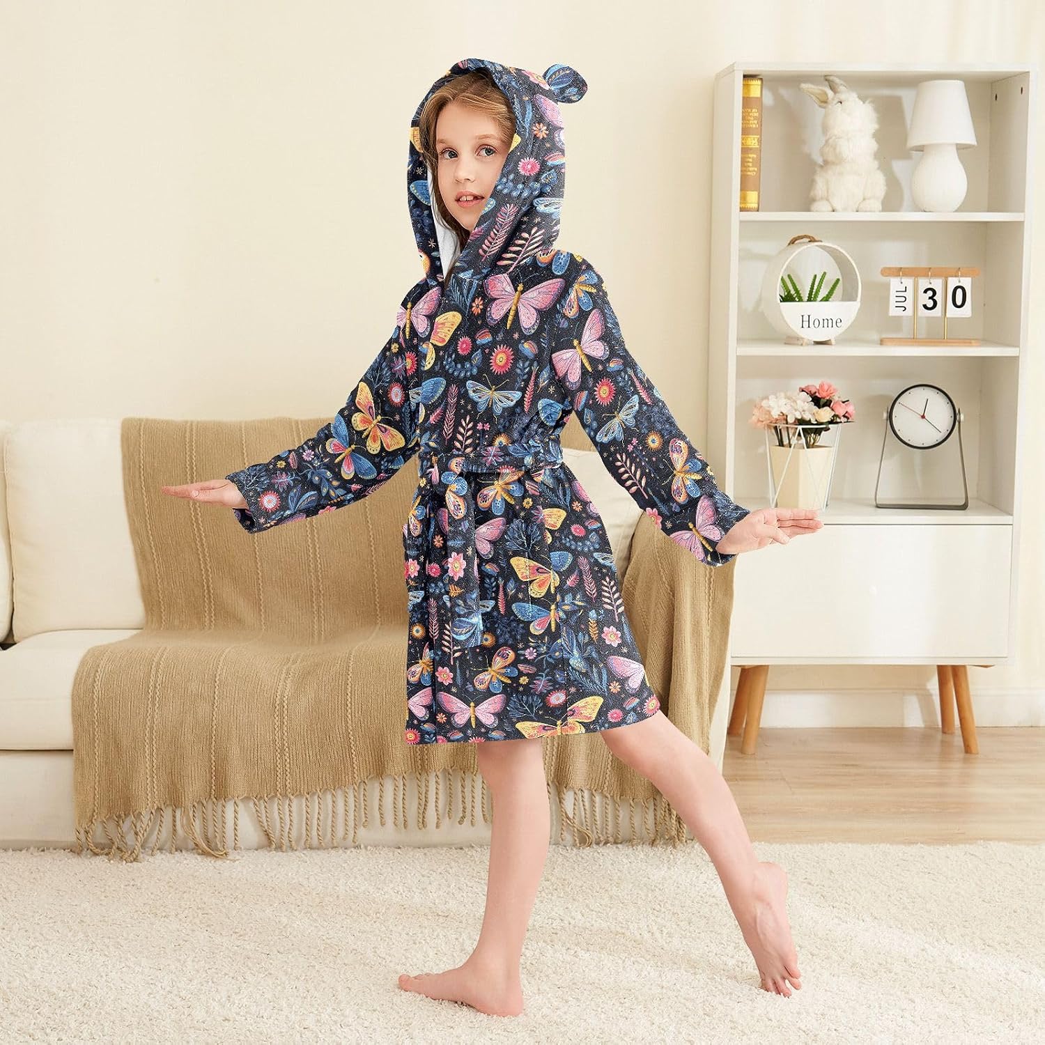 senya Butterflies Flowers Leaves Toddler Hooded Bathrobe Kids Soft Plush Bath Towel Robes for Boys Girls 2-12 Years