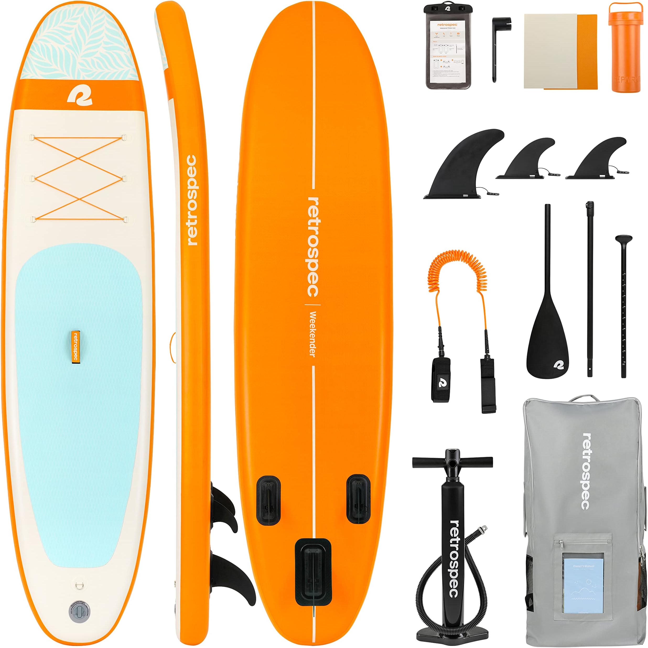 RetrospecWeekender 10' Inflatable Stand Up Paddleboard iSUP Bundle with Carrying Case, 3 Piece Adjustable Aluminum Paddle, 3 Removable Fins, Pump, and Cell Phone Case