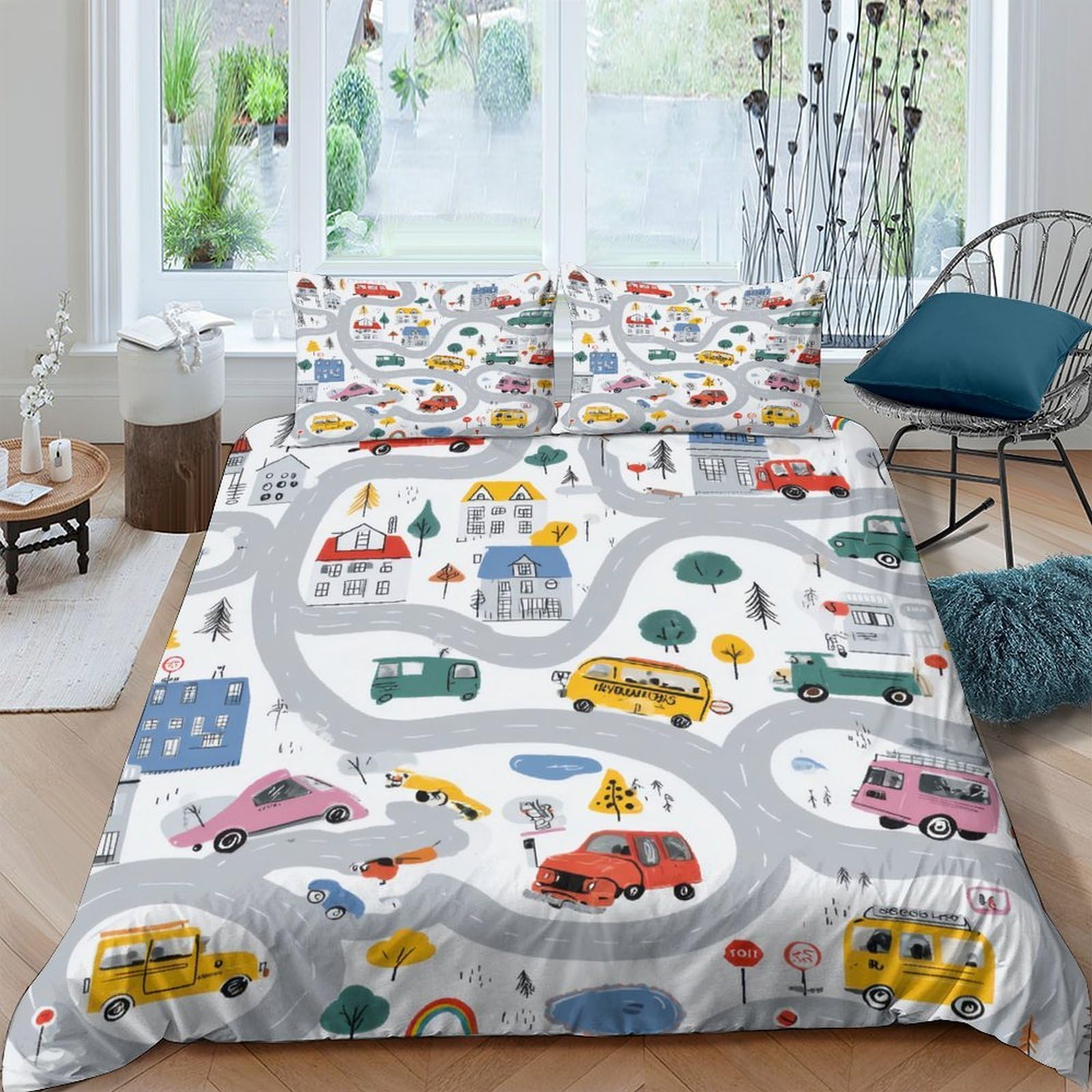 Ctjqhvkz Style-3 3D Printed Cartoon Car Fitted Sheet Microfiber Soft Kids Road Map Bed Cover For Bedroom Dorm Mattress Decor Single（135X200cm）