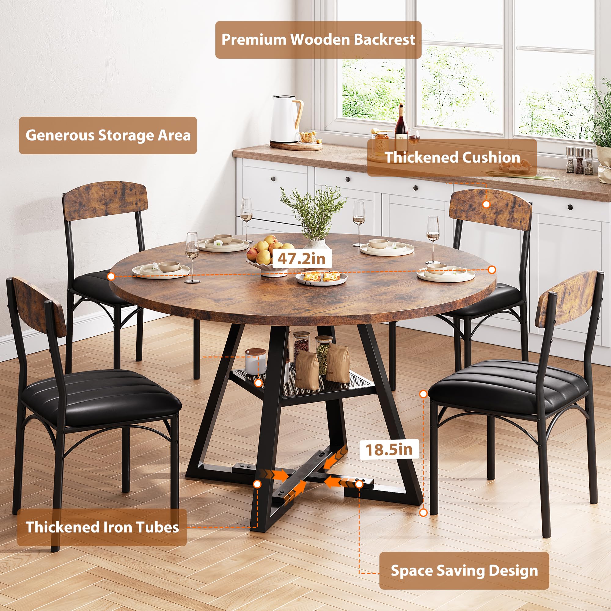 Jocoevol Runder Esstisch und 4 Esszimmerstühle Set, Essgruppe 5-Teilig, Esszimmertisch mit Ablage und 4 stühle für Küche, Wohnzimmer, Balkon, Restaurant, Büro (Vintage Braun, 120x120x76cm)