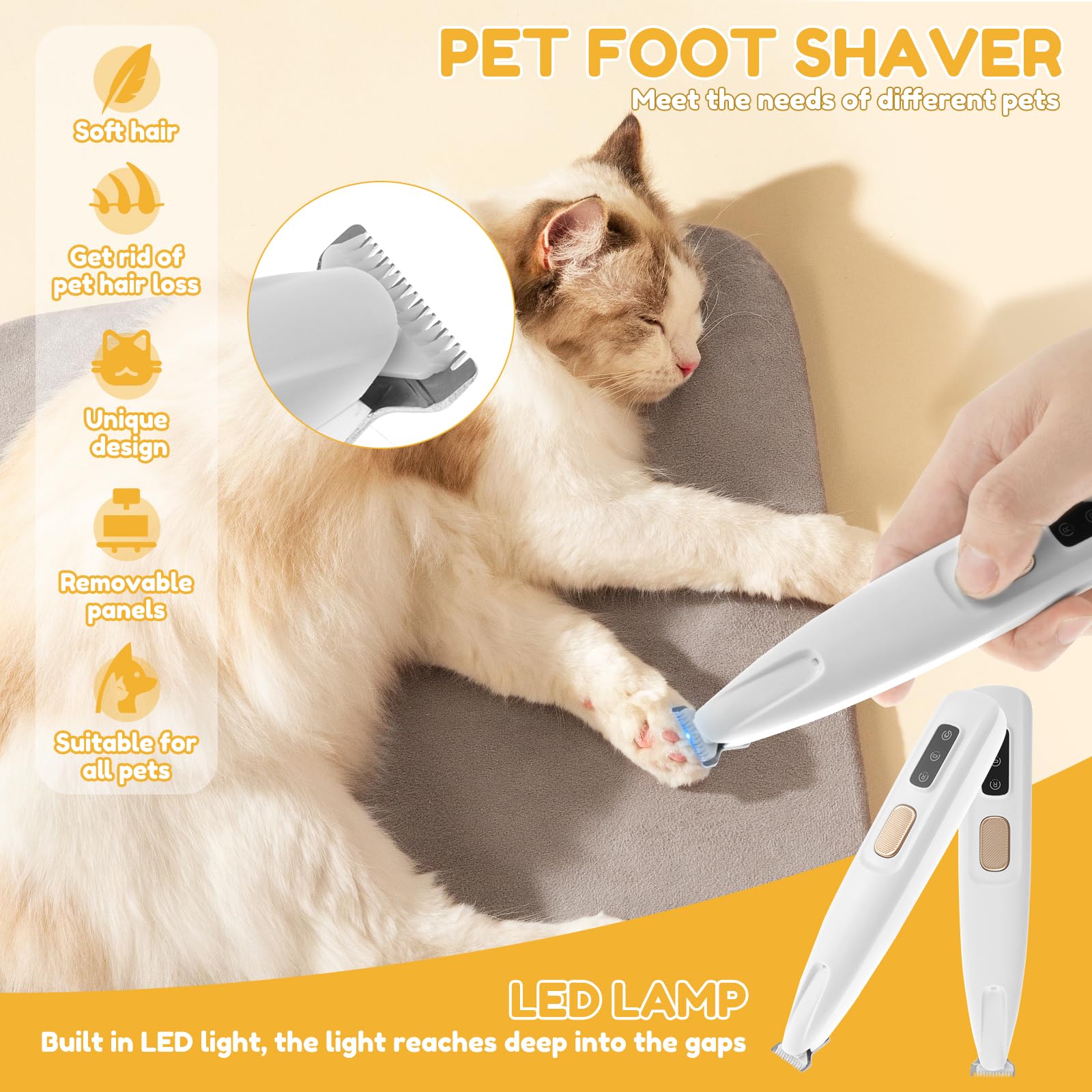 FALESOUL Dog Paw Trimmer, Upgraded Multifunctional Pet Hair Clippers with LED Light, Low Noise Waterproof Rechargeable Pet Paw Trimmer for Pet Paws, Ears, Rump, Face, Eyes