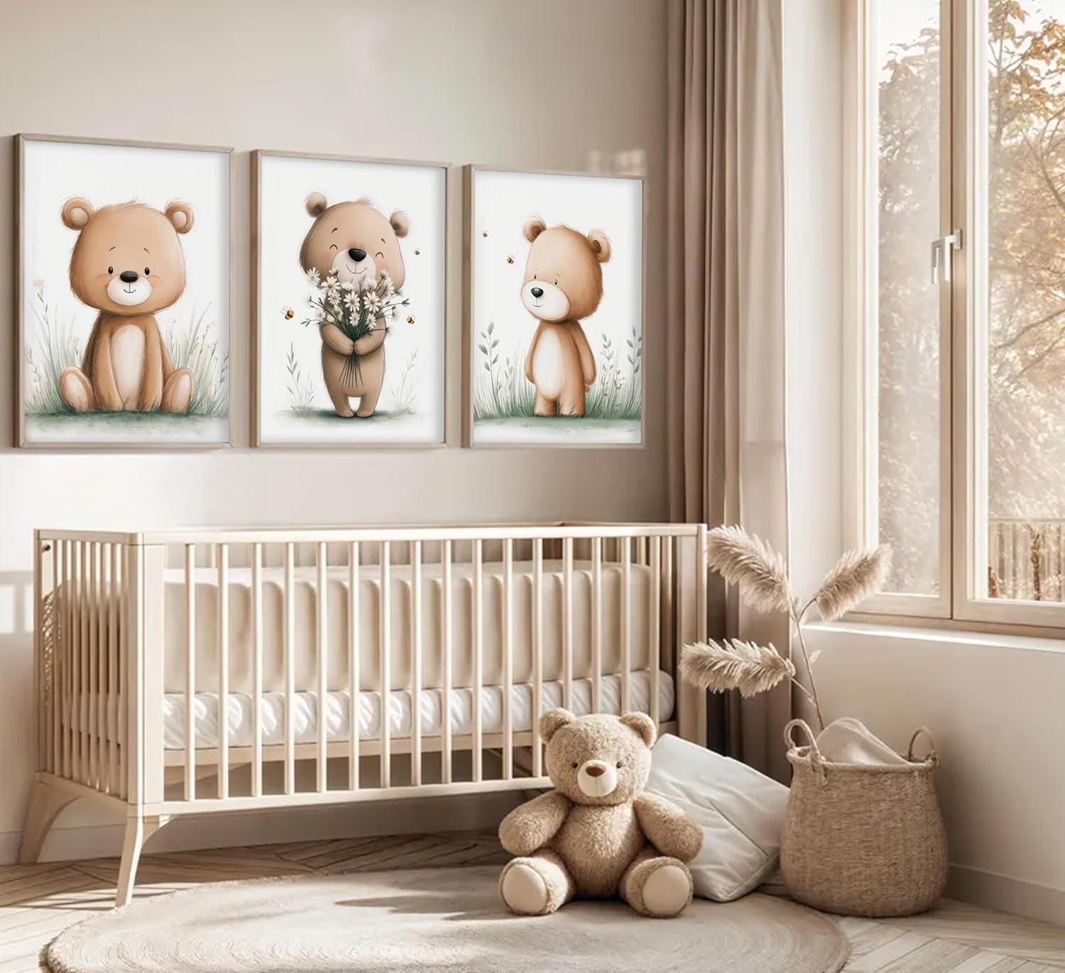 3Pcs Cute Bear Nursery Wall Art Cute Animals Flower Painting Picture Wall Decor Boho Teddy Bear Poster Print Artwork for Children Room Baby Room Nursery Boy Room Girl Room Home Decoration