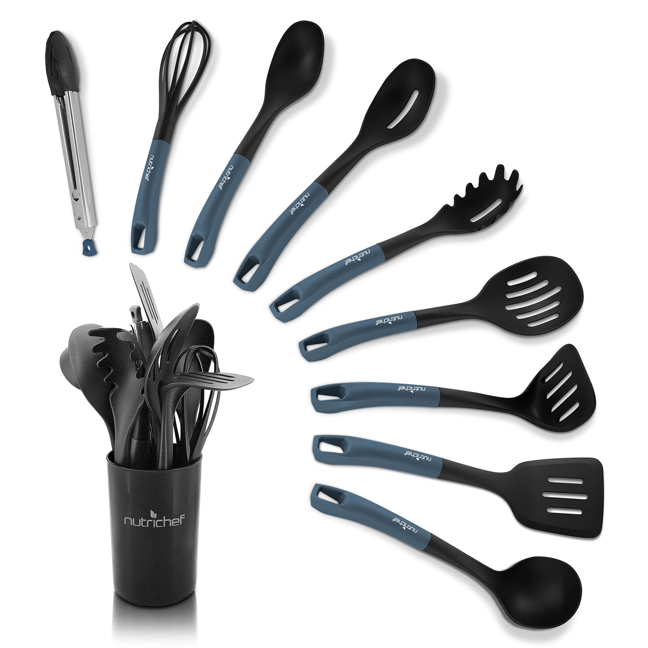 10-Piece Kitchen Cooking Utensils Set - Non-stick Heat Resistant Silicone Kitchen Gadgets Cookware Tools, Cooking Utensils Set with Holder, Pots & Pans Accessories - NutriChef NCUTL10DS (Blue/Black)