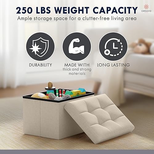 Miniatura 7 de Ornavo Home Otomana de almacenamiento pequeña, juego de 2, plegable, rectangular, de lino, otomano, reposapiés, para sala de estar, dormitorio,