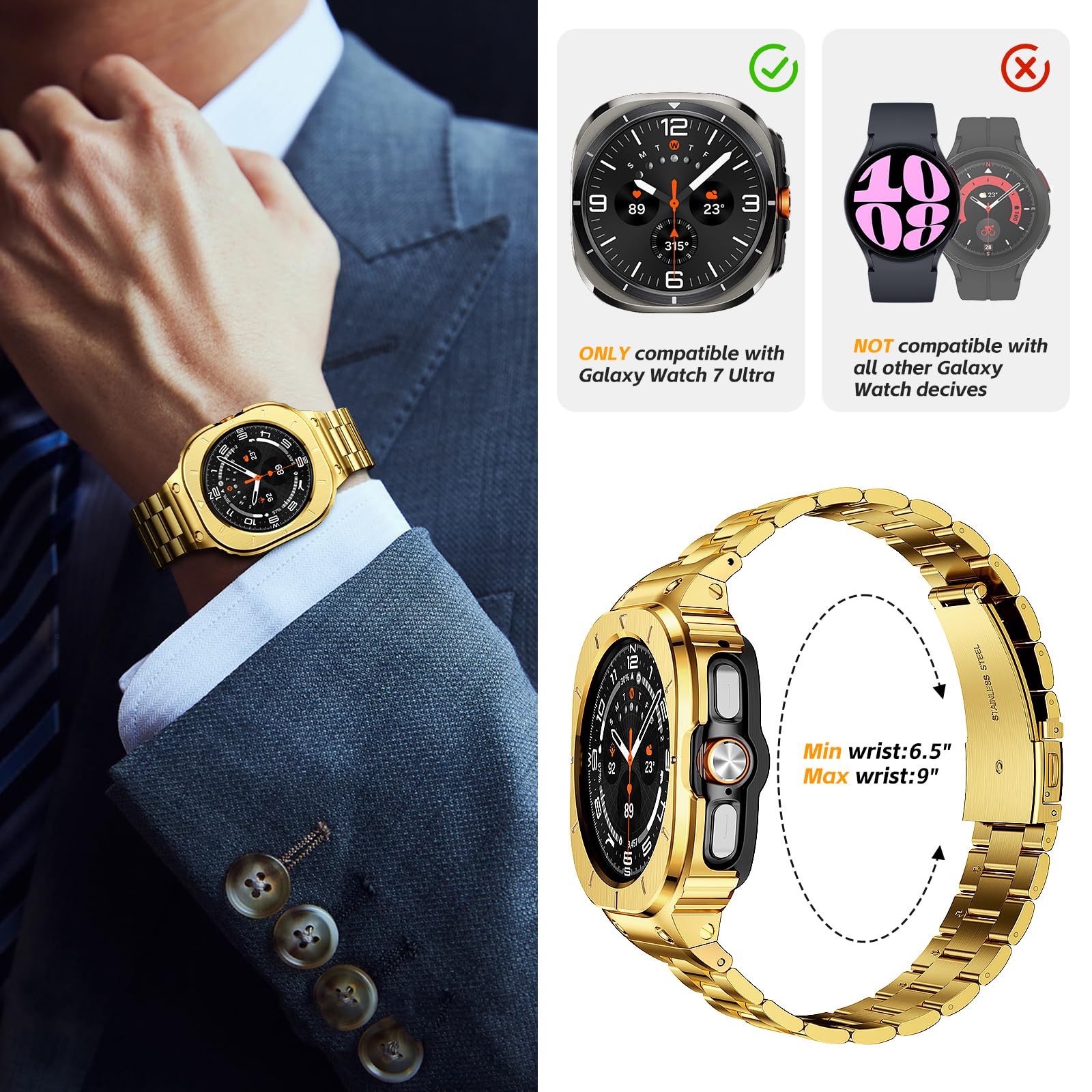 SUPLINK Metallgehäuse mit Band Kompatibel Samsung Galaxy Watch 5 Pro Armband 45mm/ Watch 6/ Watch 5/ Galaxy Watch 4 Armband 44mm, Edelstahl Schutzhülle Armband Männer