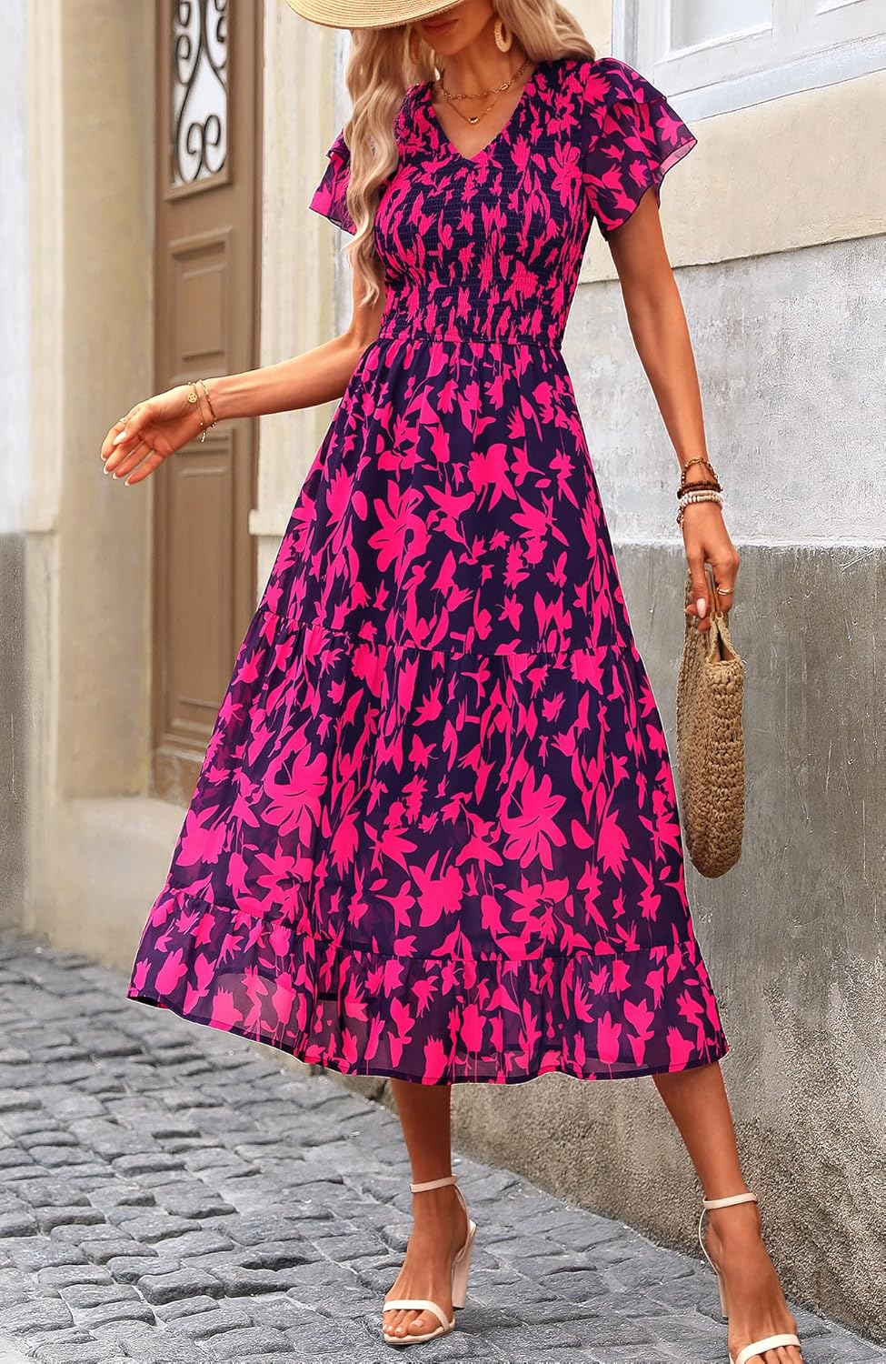 BTFBM Women Casual Summer Short Ruffles Tiered Sleeve Smocked Midi Dresses Bohemian Floral V Neck Wedding Guest Long Dresses - Image 3