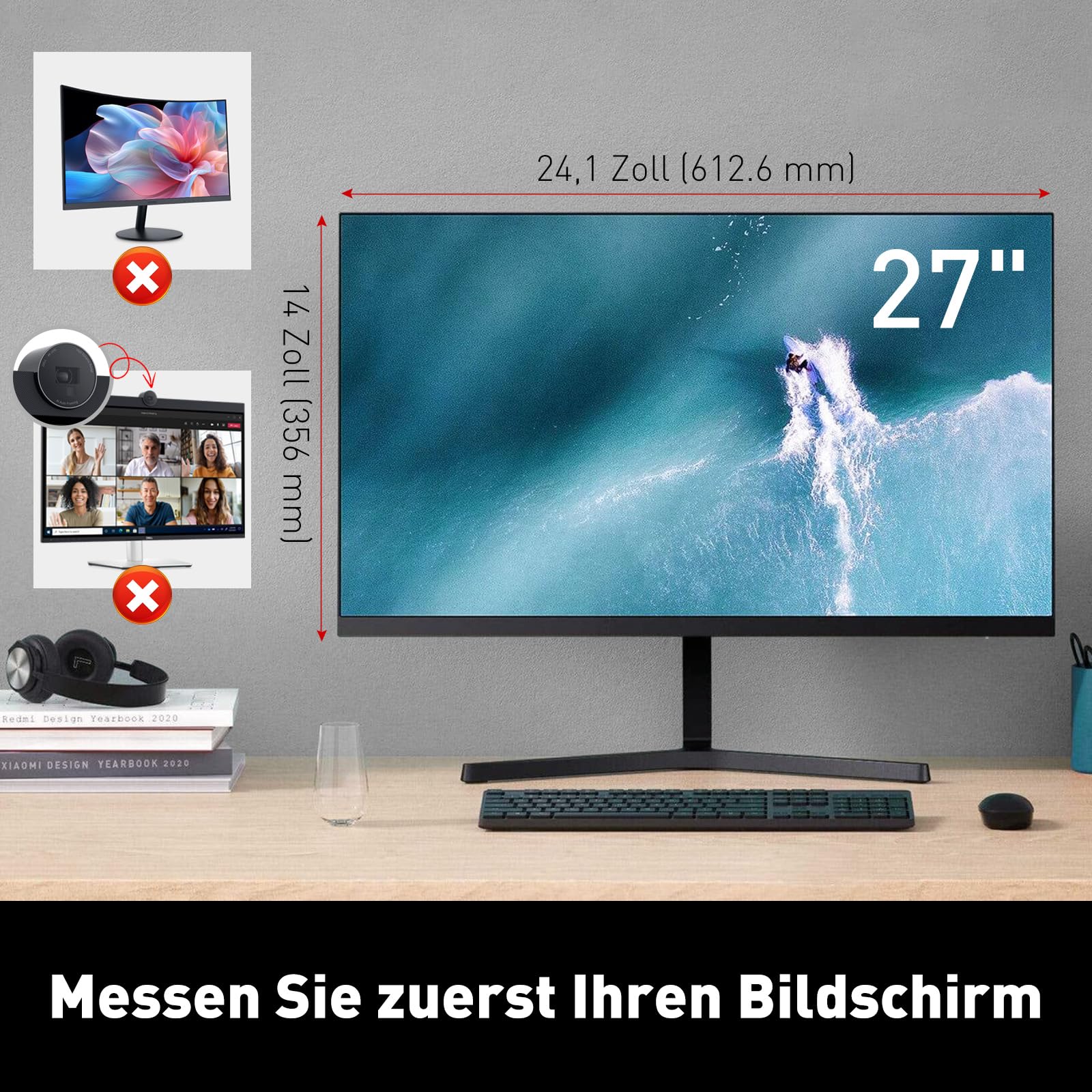 27 Zoll Hängender Blickschutzfolie für Computermonitor mit 16:9, Hochtransparent und Nicht Verschwommen, Keine Installation erforderlich, Anti-Blaulicht, Anti-UV, Kratzfest, No Anti-Glare
