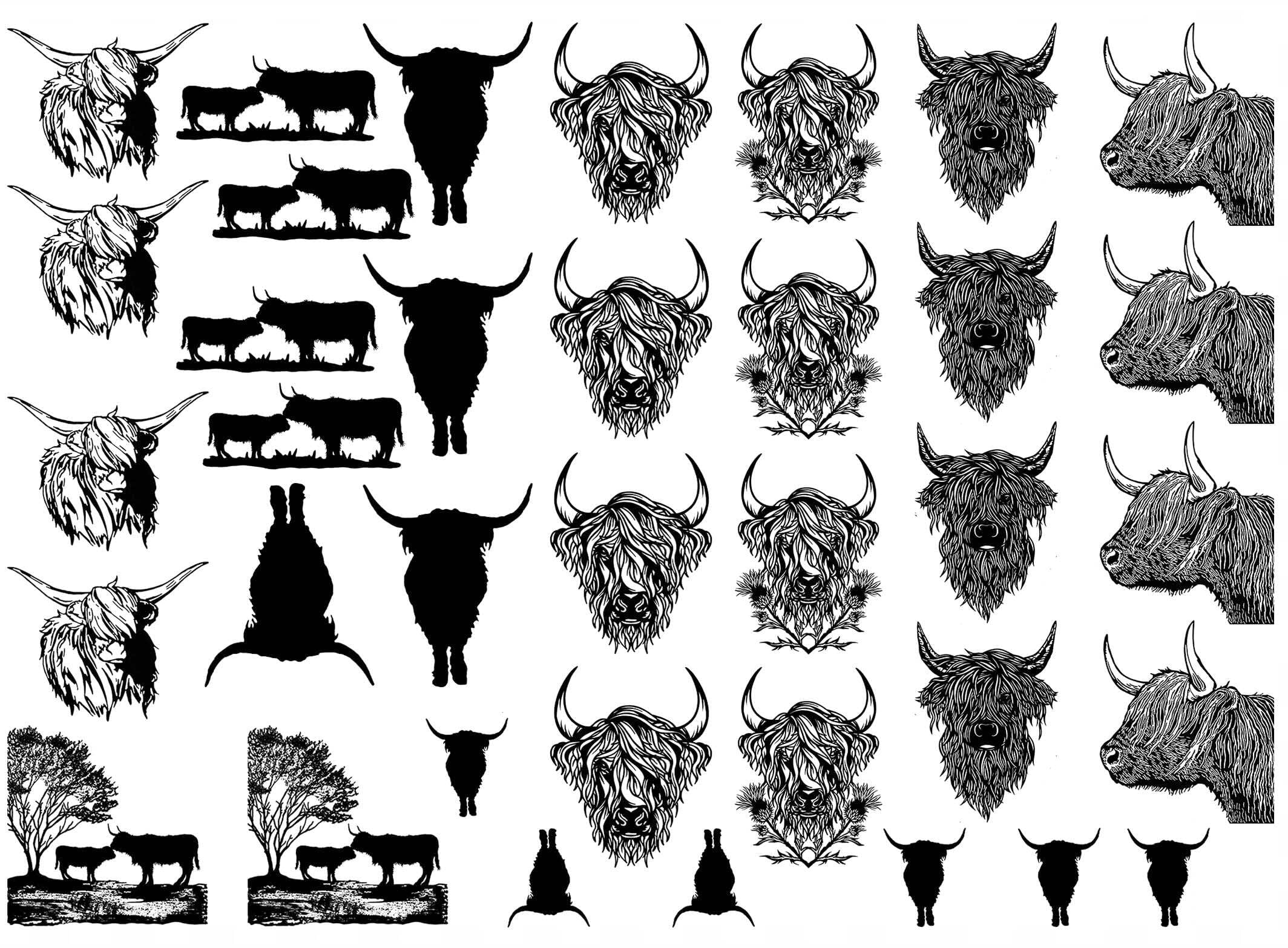 Highland Cows 36 pcs 1 Inch Black Fused Glass Decals