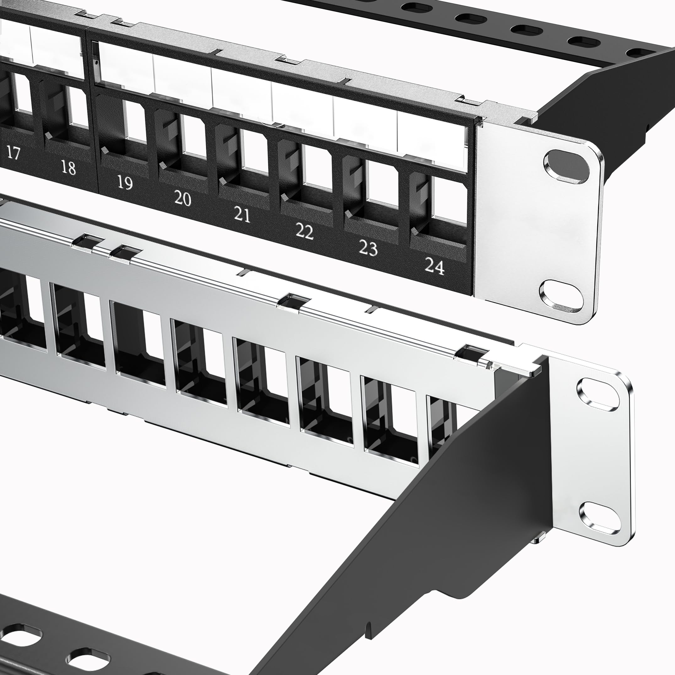 Jadaol Panneau de brassage blindé à 24 ports, panneau de brassage vierge 1U 48,3 cm avec barre de gestion des câbles et fil de terre, compatible avec Cat6a/Cat6 RJ45, HDMI, coaxial, USB, fibre, prises