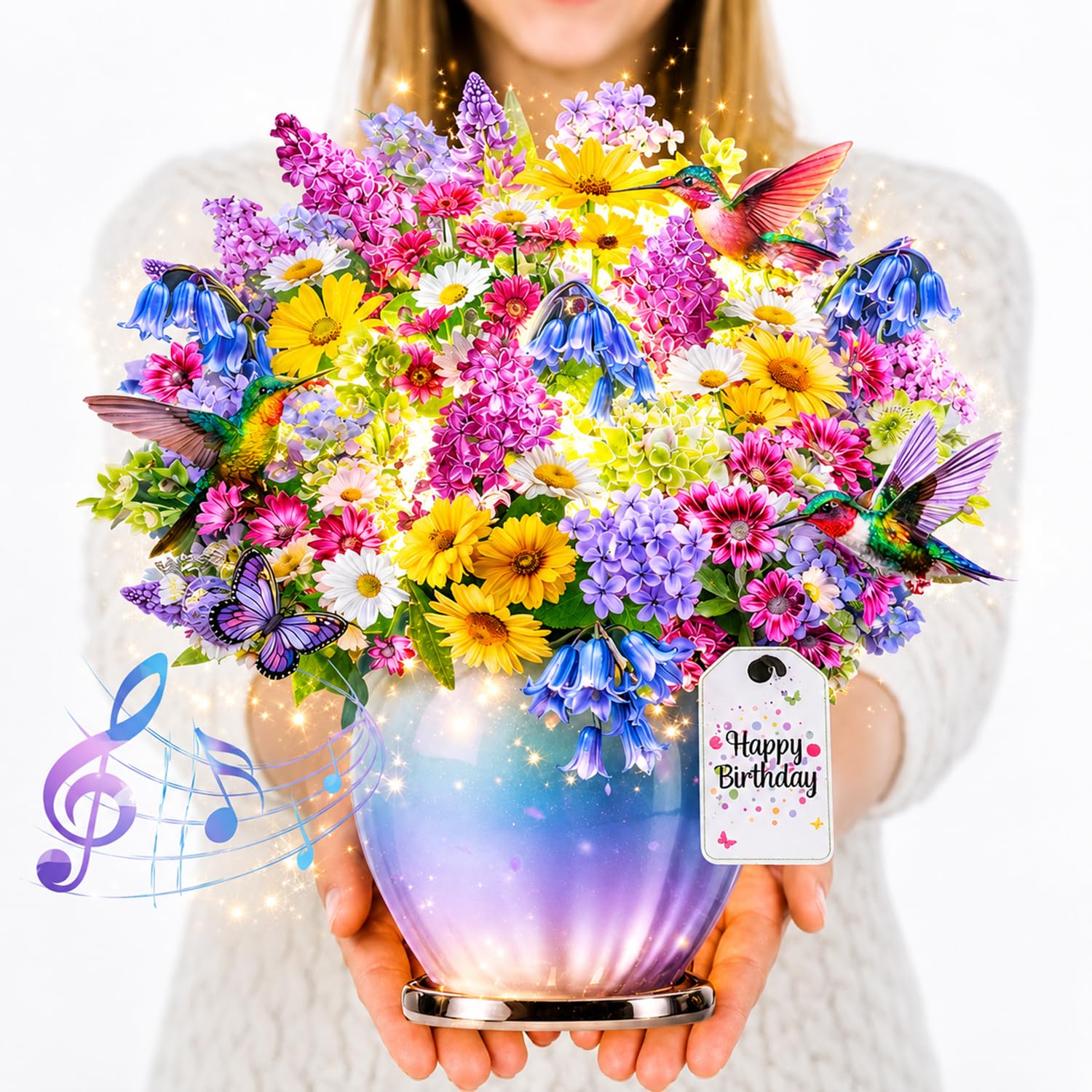 CUISH Hummingbird Birthday Cards with Light and Music, Forever Flower Bouquet Happy Birthday Card, 3D Pop Up Greeting Card for Women Wife Daughter Mom Sister