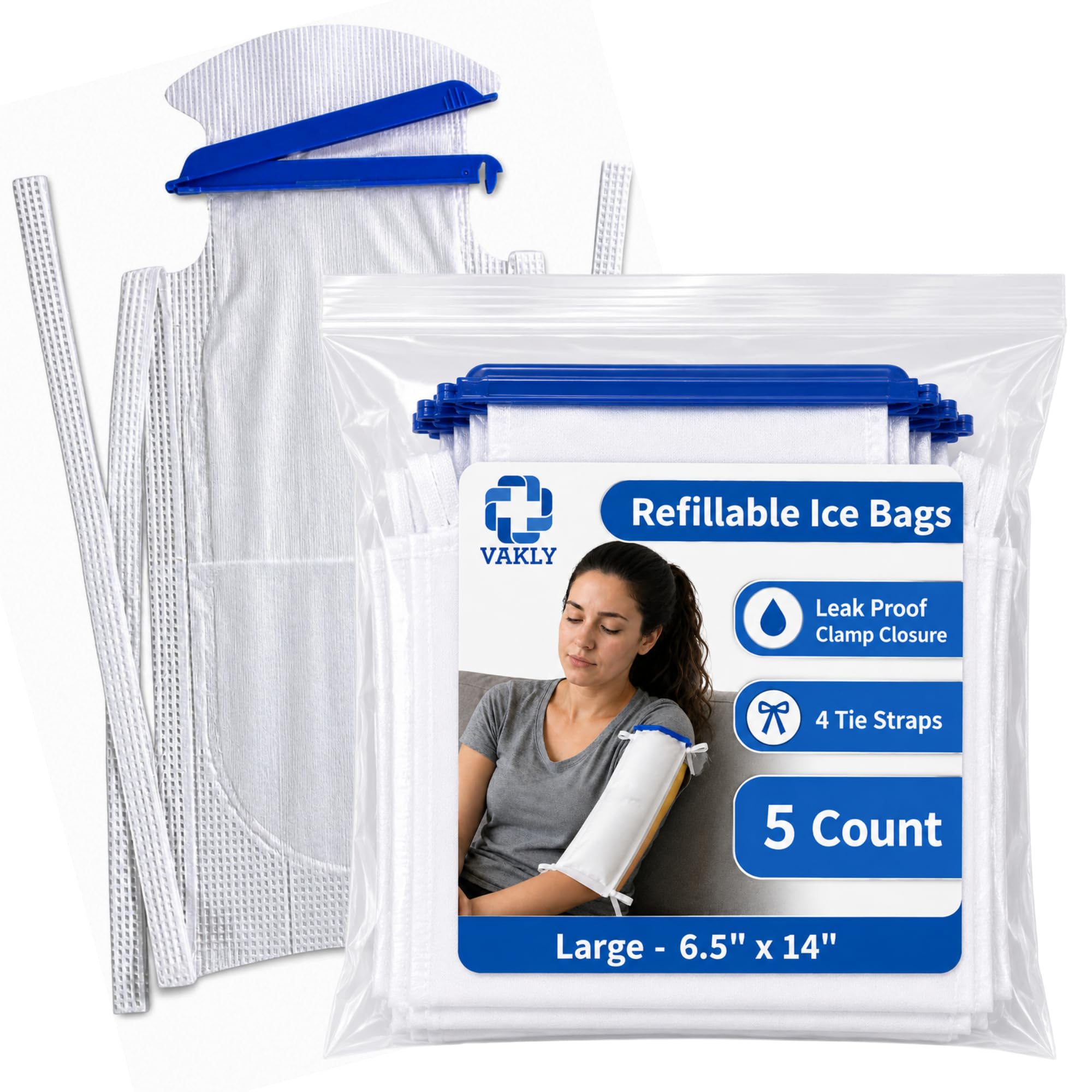 Bolsas de hielo recargables con cierre de abrazadera [Paquete de 5] Grandes, 6-1/2 x 14 pulgadas - Reutilizable fácil llenado hospitalario Icepack con cubierta exterior suave y capa interior