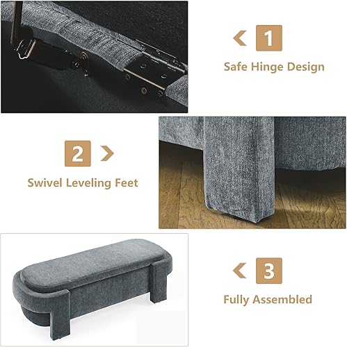 Miniatura 4 de Banco otomano ovalado de almacenamiento para dormitorio, de 51.5 pulgadas de largo, banco de entrada tapizado de felpilla con patas giratorias,
