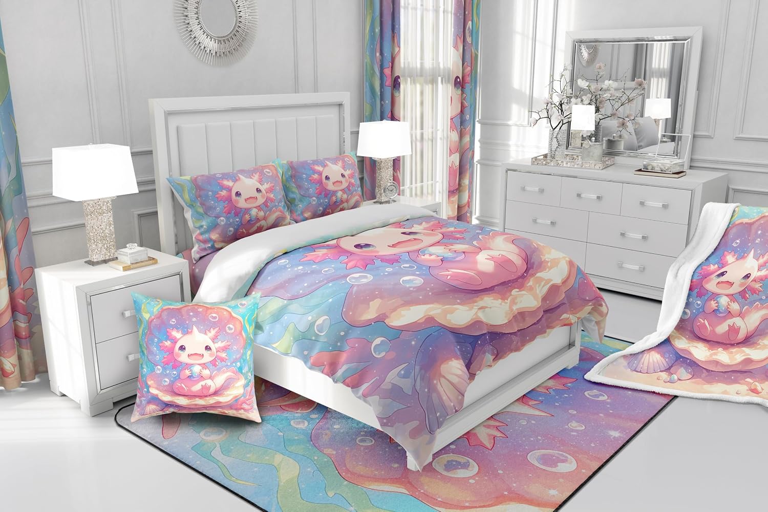 Feelyou Cute Axolotl Area Rug 5x7 for Girls Boys Kids Cartoon Salamander Decorative Rug Room Decorative Kawaii Ocean Sealife Living Room Rugs Ocean Indoor Floor Mat Pink Accent Rug