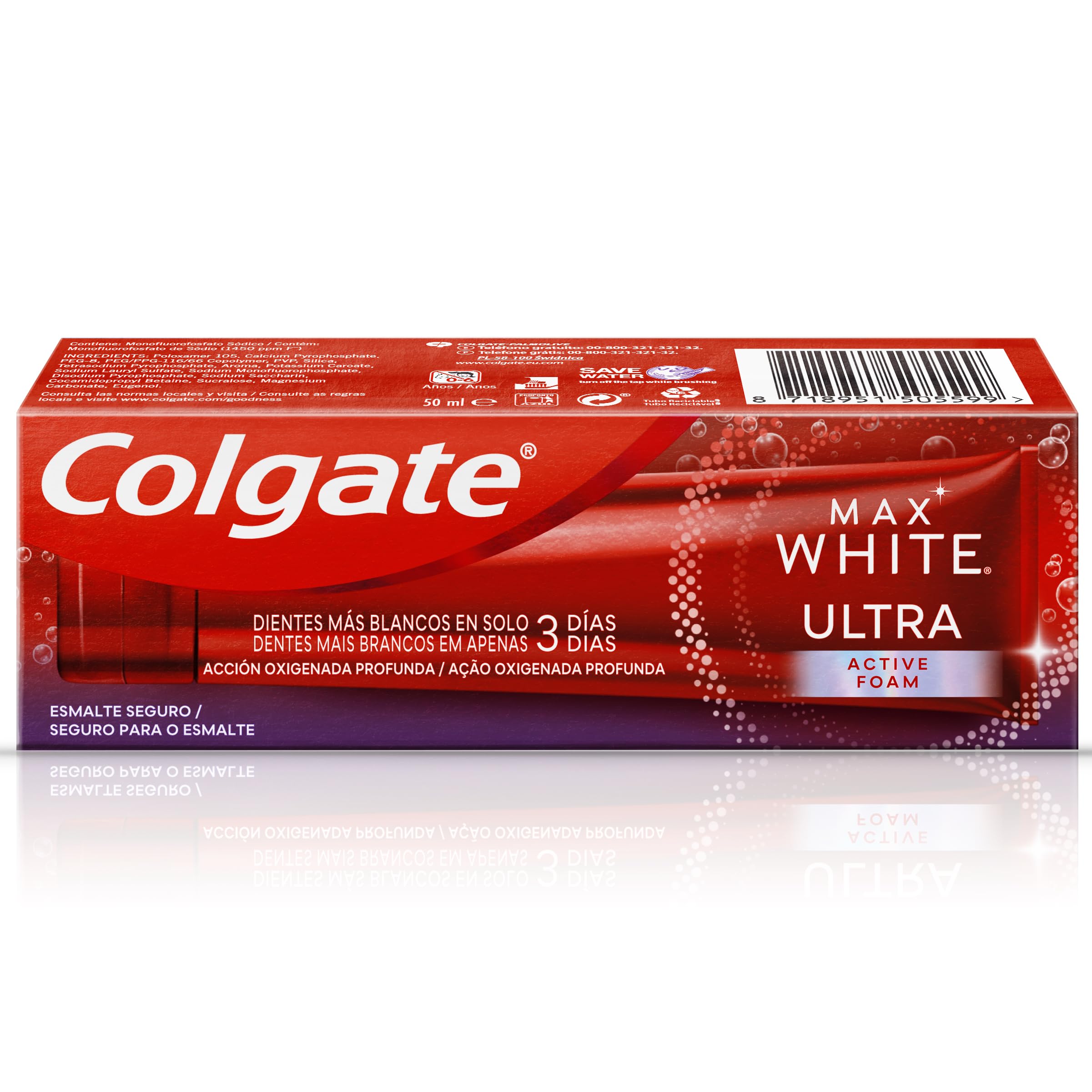 COLGATE Max White Ultra Active Foam Pasta de Dientes Blanqueadora con Flúor, 50ml, Dentífrico Blanqueador Seguro con el Esmalte, Elimina Manchas Profundas* — view 2
