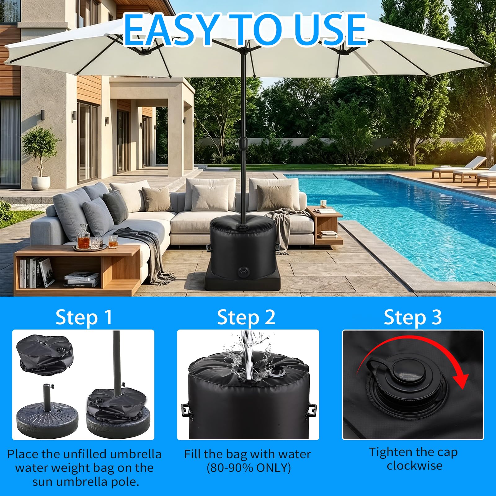 Base per Parasol con Peso – capacità Massima 40 kg, Base Riempibile d'Acqua per Parasol Pesante (40 L), con Maniglia, Zavorra Pieghevole – per Giardino, Terrazzo, Cortile, Spiaggia