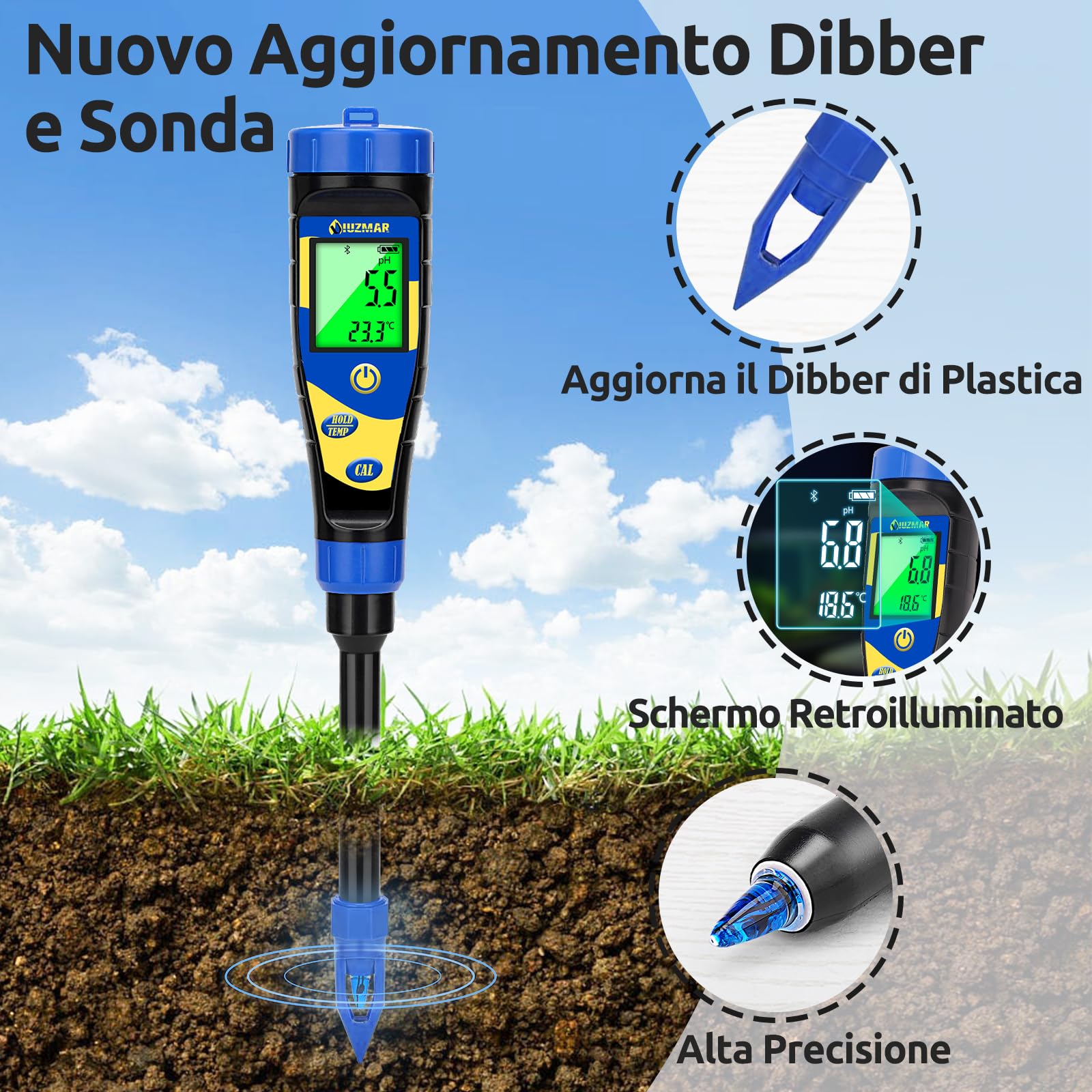 UIUZMAR Misuratore del pH del Terreno, Misuratore Digitale pH Suolo Pianta | Prato da Giardino Kit di Tester pH Terreno per Erba, Serra, Agricoltura, Tester del pH del Terreno per Acqua, Alimenti