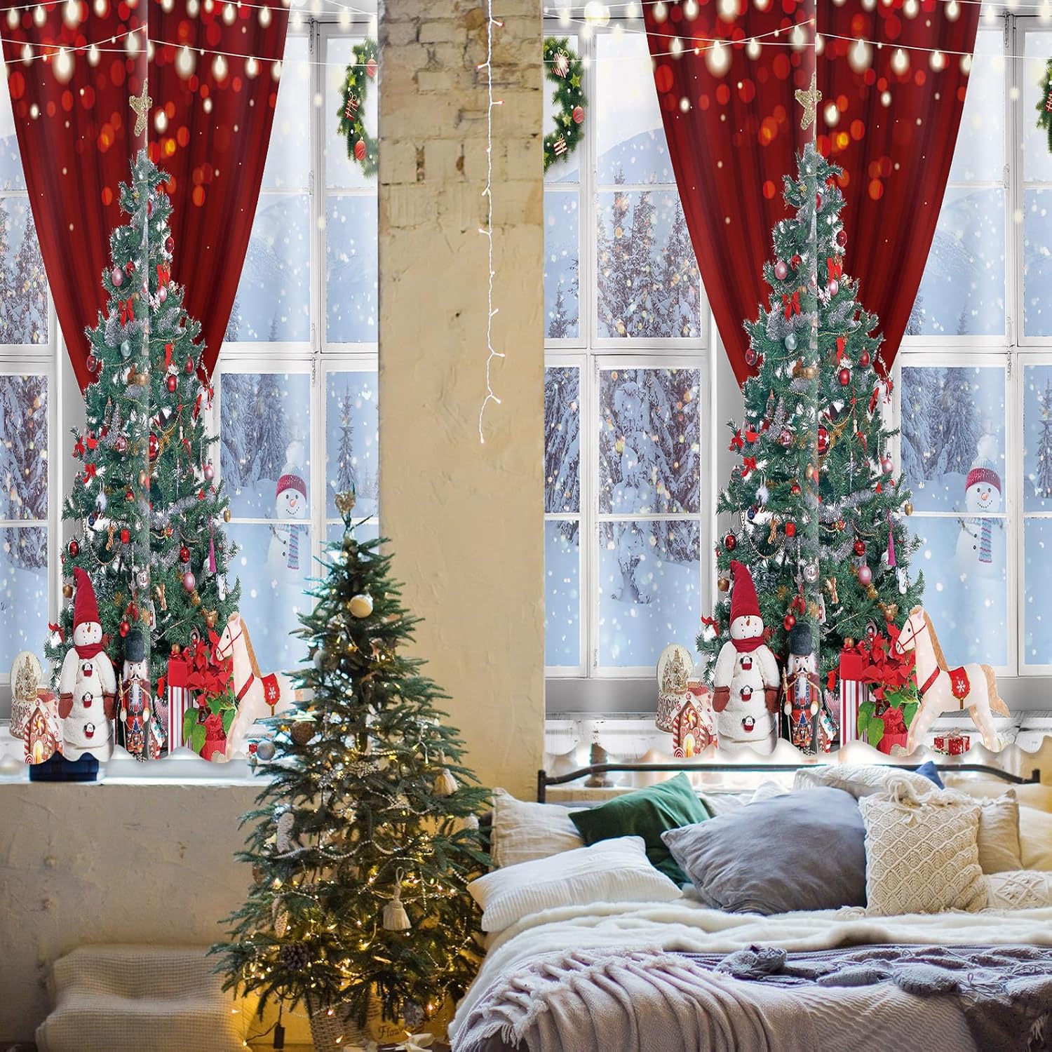 Peryiter Christmas Curtains 83 x 81 Inch Winter Bedroom Window Drapes Tree Xmas Curtains for Living Room Curtain for Farmhouse Bathroom Kitchen Village(Classic)