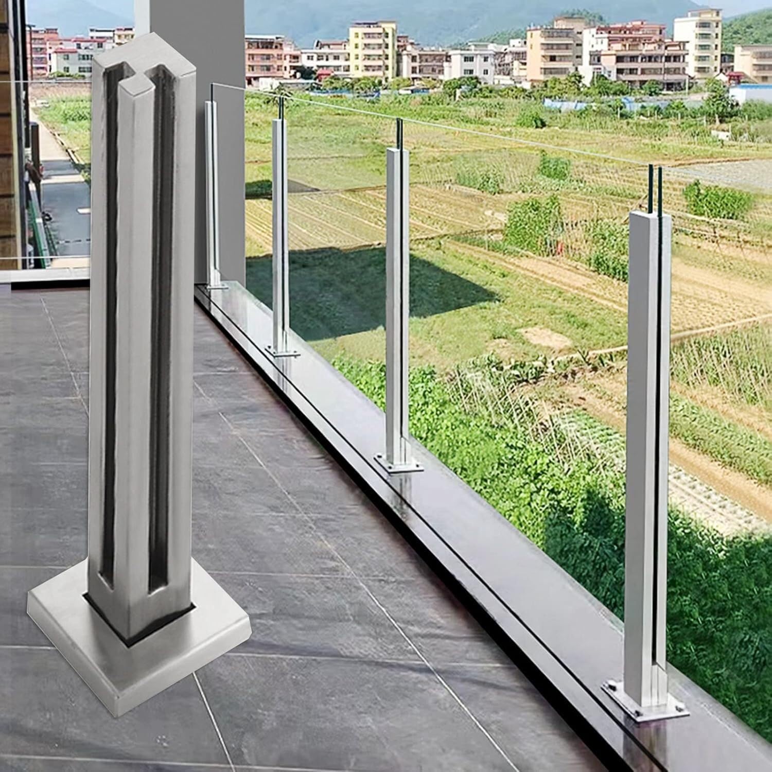 Szklany słupek balustradowy, 85 cm, szklany zacisk podłogowy ze stali nierdzewnej, czarna/srebrna tralka na taras, do ogrodu, schodów domowych, wspornik ogrodzenia szklanego panelu, trwała kolumna
