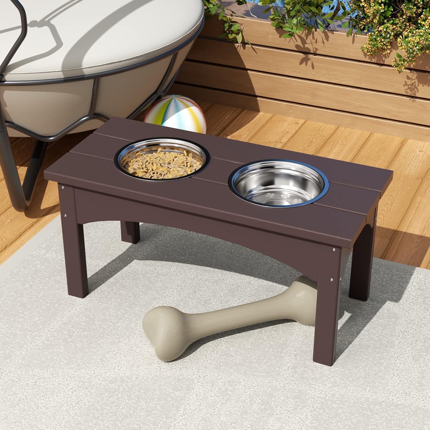 WO Westin Outdoor Elevated Pet Stand Feeder for Kitten Cats Dogs Puppy, Removable Stainless Steel Food Bowls, UV and Weather Resistant, Poly Lumber Made, Modern Style (Dark Brown)