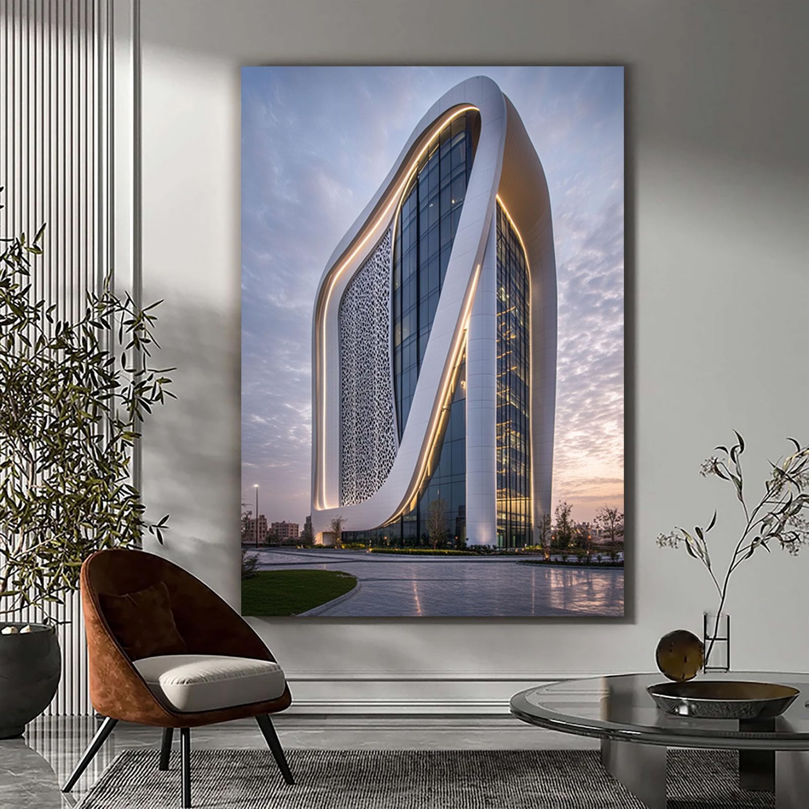 CUDAOO Płótno sztuka ścienna budynek miejski pejzaż miejski drukuje łuk lekki budynek do dekoracji biura domowego (biały) - 70 x 100 cm oprawiony