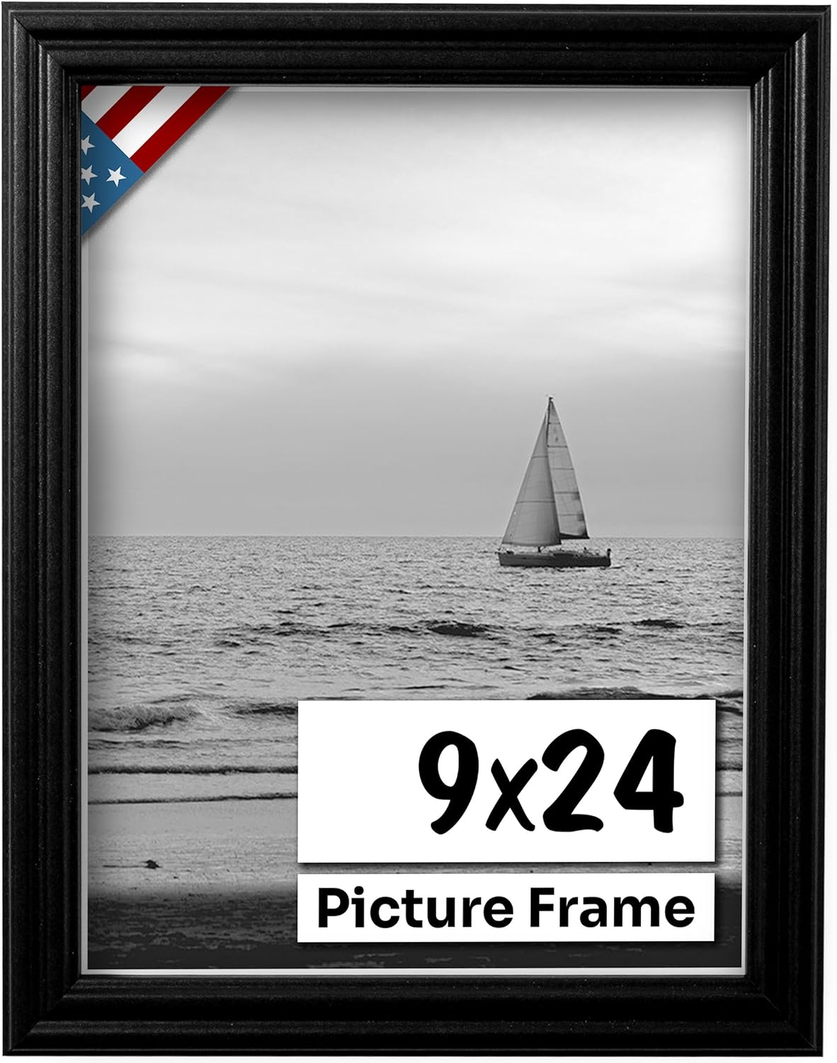 Black 9x24 Picture Frame .75" Inch Wide - Black Wall Decor Handmade Solid Wood Frames with Preinstalled Hangers and UV Blocking Plexiglass 24x9 Frame