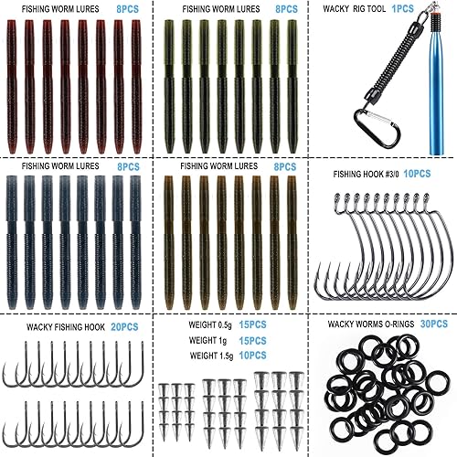 Miniatura 4 de PLUSINNO Wacky - Kit de señuelos de pesca de gusano, señuelos de pesca de plástico suave, anzuelo de cebos de grub, aparejo loco, trucha, lubina,