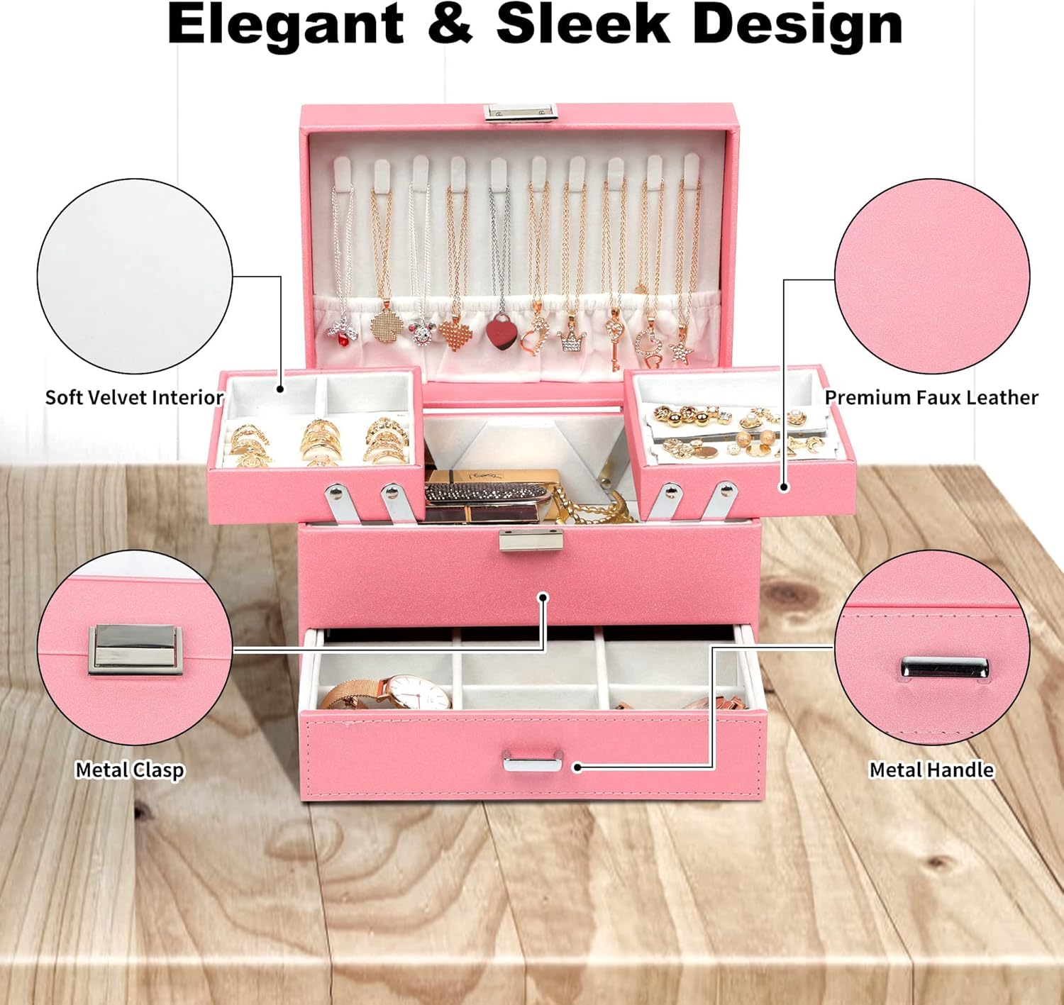 Dajasan Jewelry Box for Girls Women, PU Leather Jewelry Organizer Box, 3 Layers Jewelry Gift Box for Christmas, Valentine's Day, Birthday, Mother's Day (Pink) - Image 7