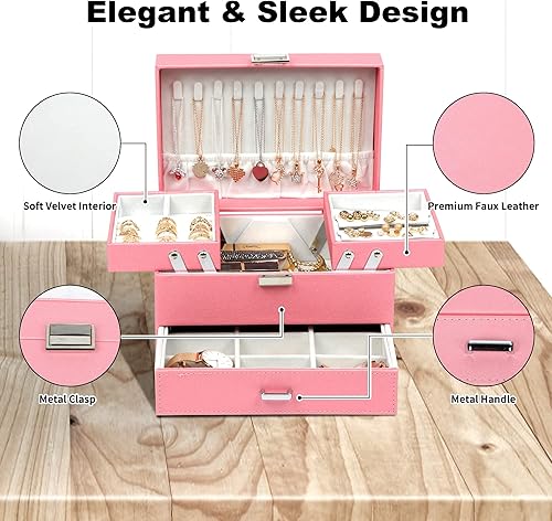 Miniatura 7 de Dajasan Cajas de joyería para niñas y mujeres caja organizadora de joyas de 3 capas de cuero grande para aretes anillos collares pulseras