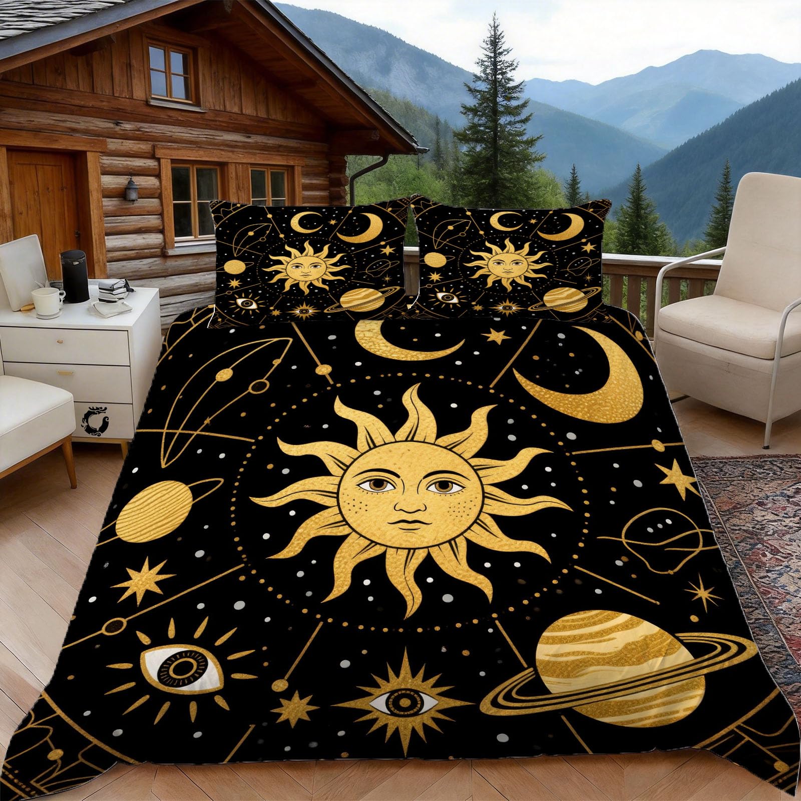Housse de couette 220x240 soleil et lune avec taies d'oreiller 65x65
