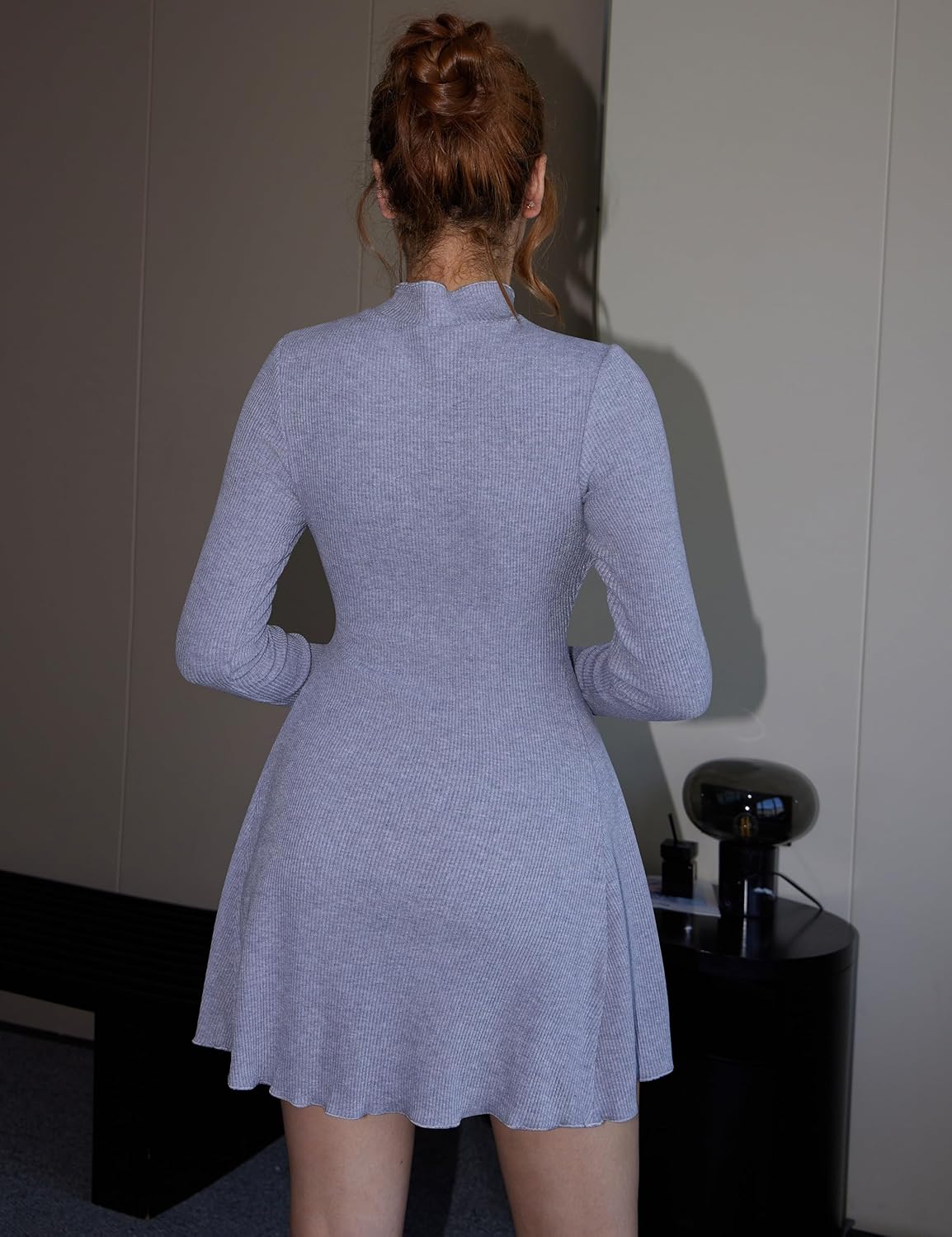 YMDUCH Women's Casual Fall Pullover Sweater Dress Mock Neck Long Sleeve Knit Ribbed Mini Dress - Image 3