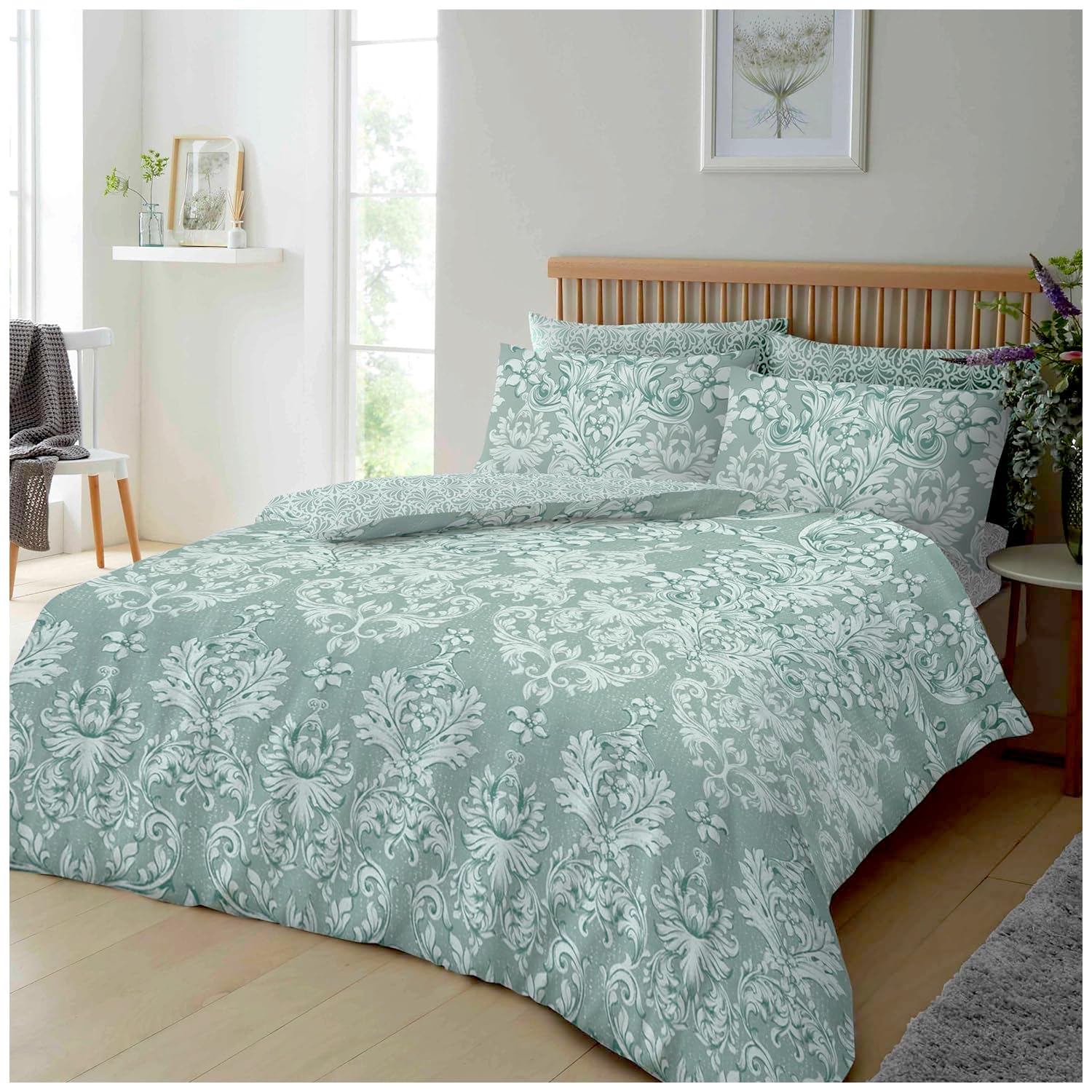 GC GAVENO CAVAILIA Floral Jacquard King Size Duvet Cover Sets with Matching Pillowcases, Luxury Blossom Print Breathable Damask Floral King Size Bedding Set, Duck Egg