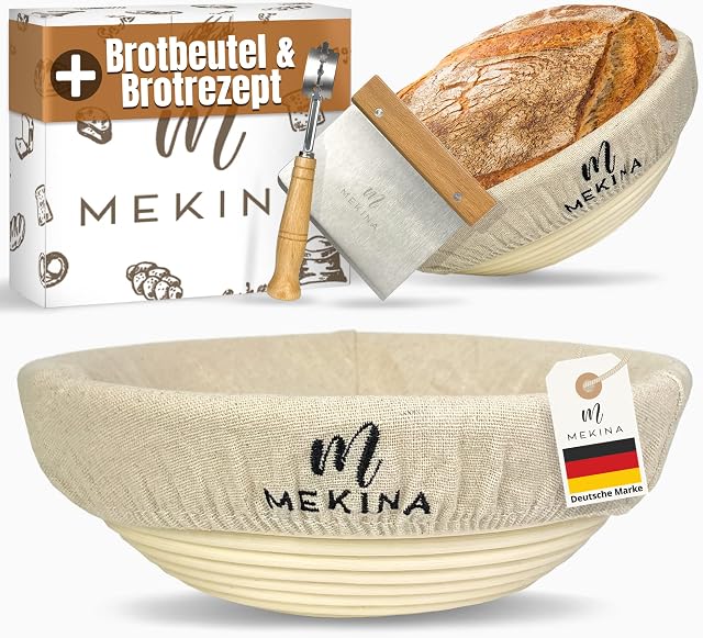 Mekina Proofing Basket Set 25 cm Round with Fabric Insert, Accessories for Baking Bread, with Stainless Steel Dough Scraper, Baker's Blade, Bread Bag, Instructions and Recipe