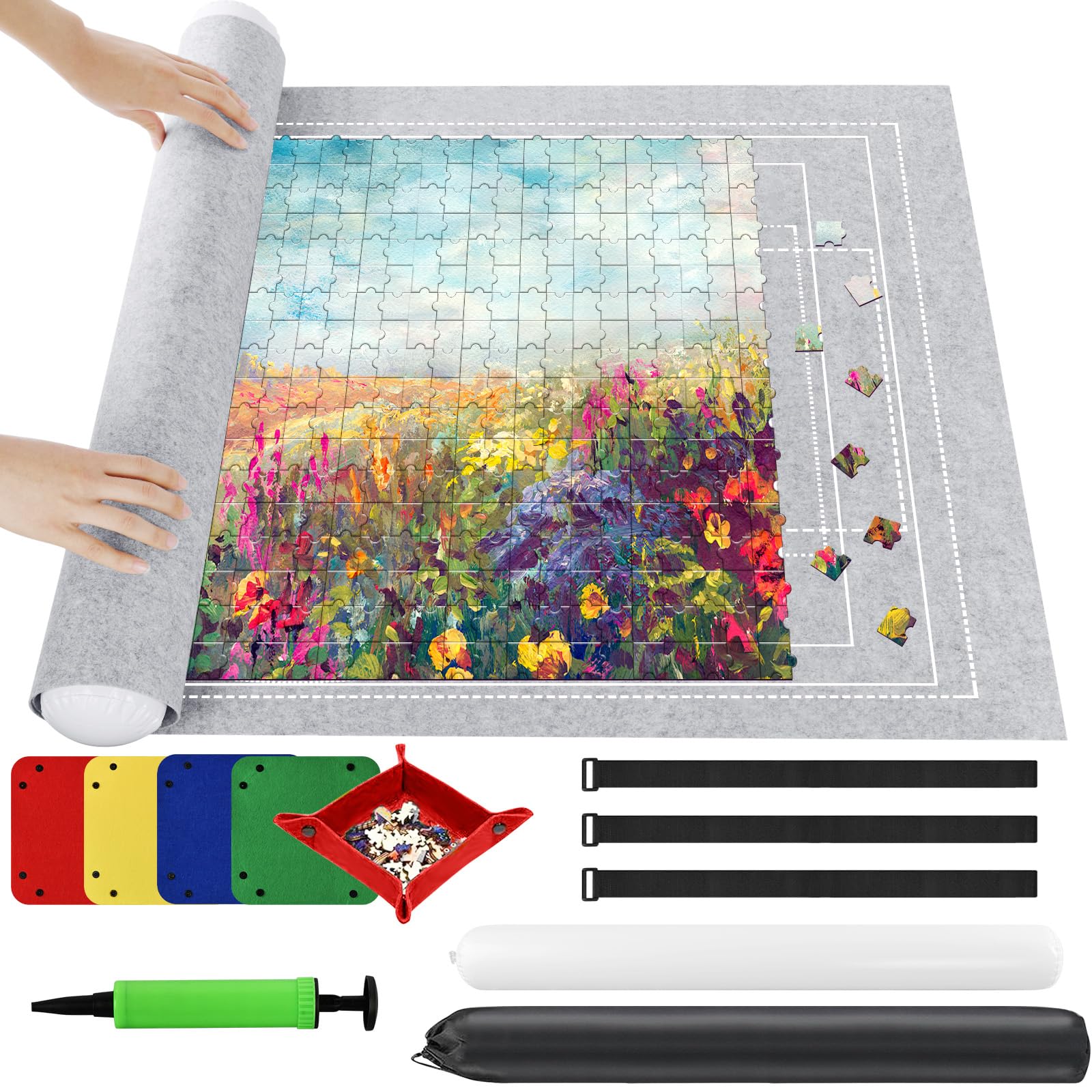 Ainiv Puzzle Roll Jigsaw Storage Felt Mat, Jigsaw Puzzle Roll Mat, Portable Puzzle Roll Up Storage Mat with Auxiliary Lines for up to 2000 Pcs, Foldable Puzzle Storage Felt Pad with Inflatable Pump