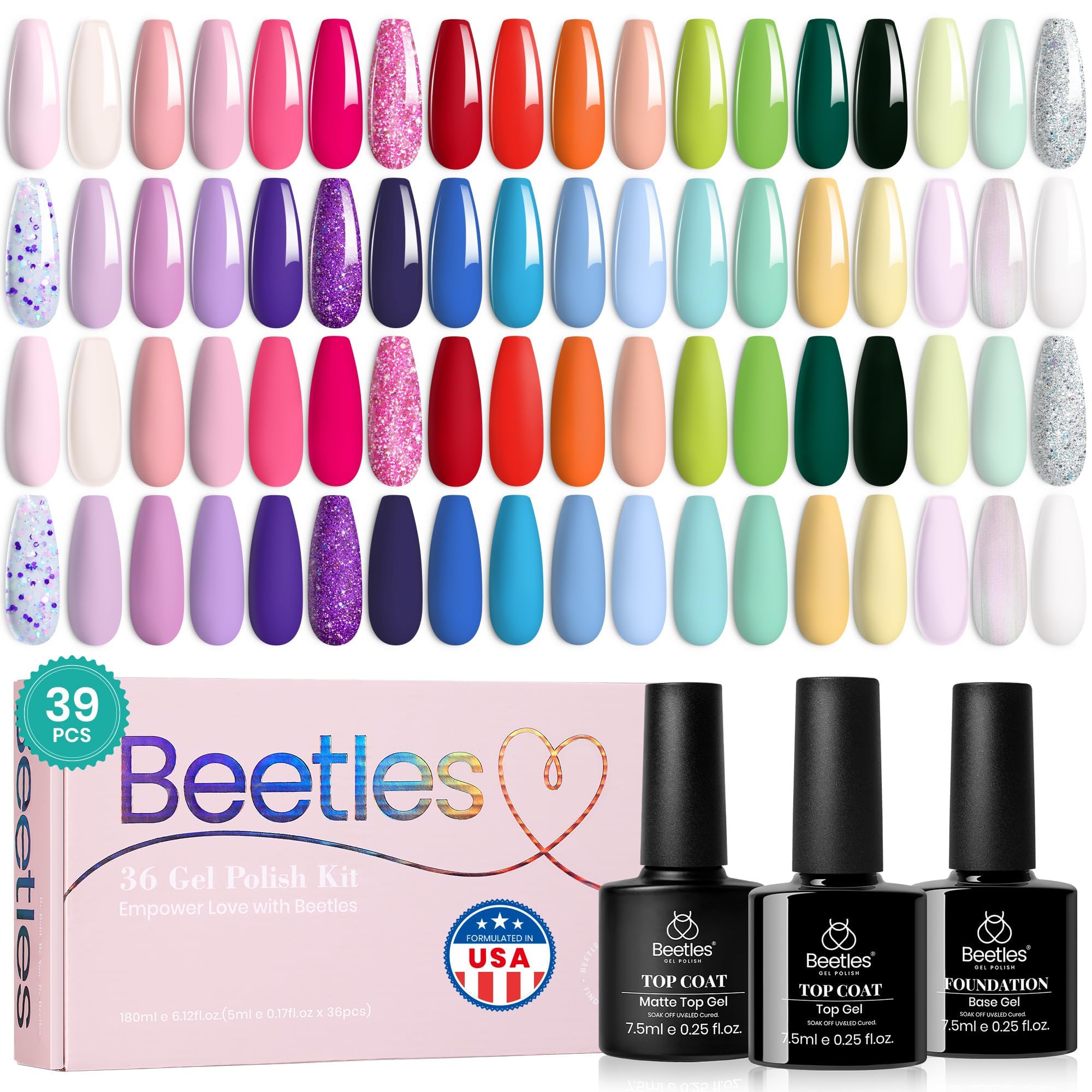 Sponsored Ad - beetles Gel Nail Polish Set, 36 Colors Pink White Nude Yellow Red Glitter Gel Polish with Base Matte&Glossy Top Soak off Uv Led Salon DIY Home Floral Rhapsody Valentines Gifts for Women