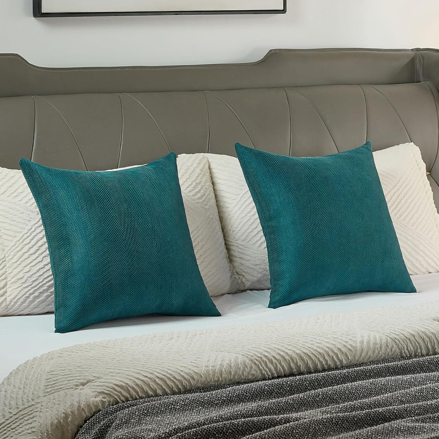 FUTEI Pack of 2 Chevron Chenille Throw Pillow Covers 18x18 Inch Soft Herringbone Texture Solid Decorative Cushion Case Farmhouse Home Decor for Couch Bed Living Room, Teal