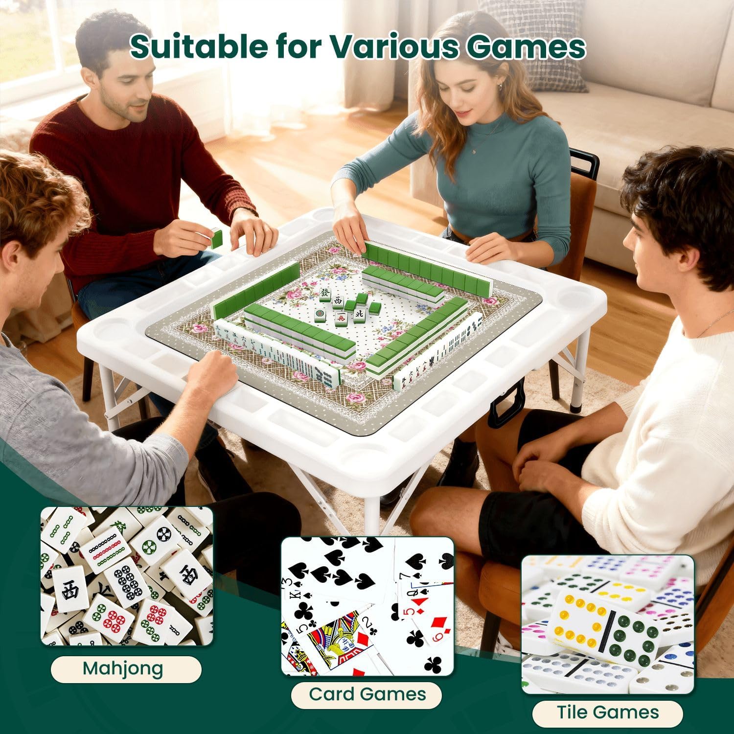 Folding Mahjong Table with Floral Vintage Square Pink Roses Blue Flowers Lace Border Wear-Resistant Mahjong Mat, 4 Cup Holders & Chip Trays for 4 Players Square Portable Card Table for Poker Domino