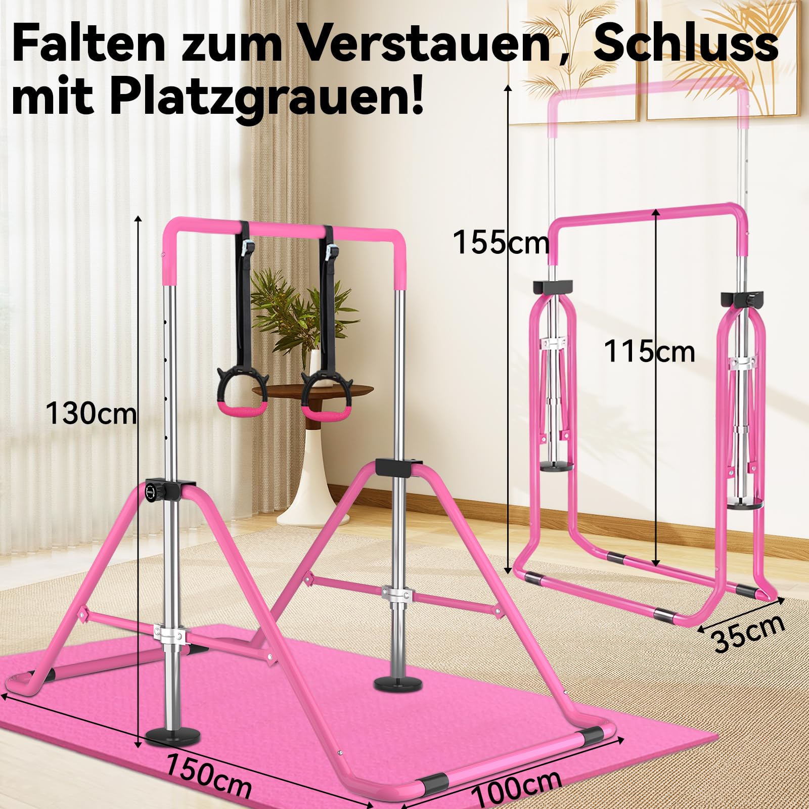 WATBKHE Gymnastikstange, verstellbare und Faltbare Reckstange mit Ringen, Gymnastics Bars Turnreck, erweiterbare Turnstange für Heimtraining, Reckstange Kinder für Indoor & Outdoor, mit Matte