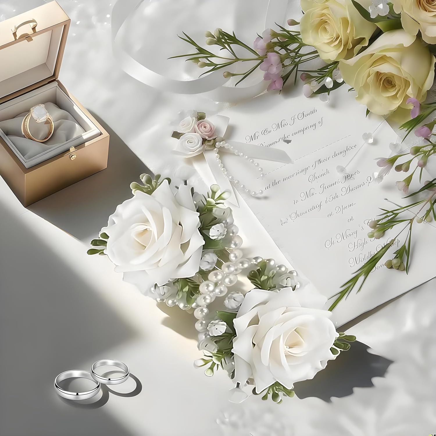 Wrist Corsage Wristlet Band Bridesmaid Bouquet Set of 6,Wedding Corsage Wristlets for Brides,Homecoming Wrist Flower for Proms, Party (White, Corsage 6pcs) - Image 5